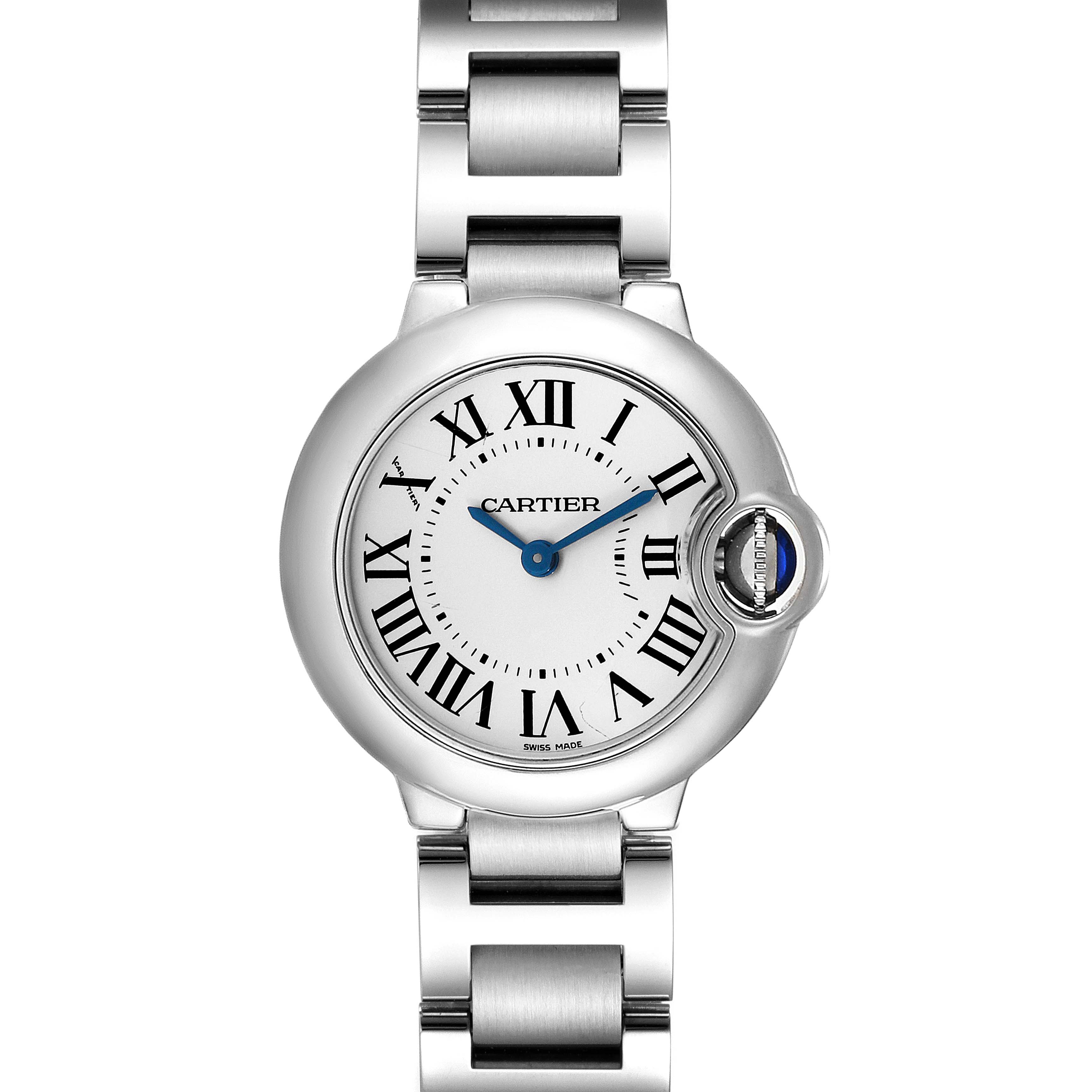 The image shows a front view of the Cartier Ballon Bleu W69010Z4 Women
s Stainless Steel Silver Dial W69010Z4 Women
s Stainless Steel Silver Dial watch, focusing on the face, dial, and part of the bracelet.