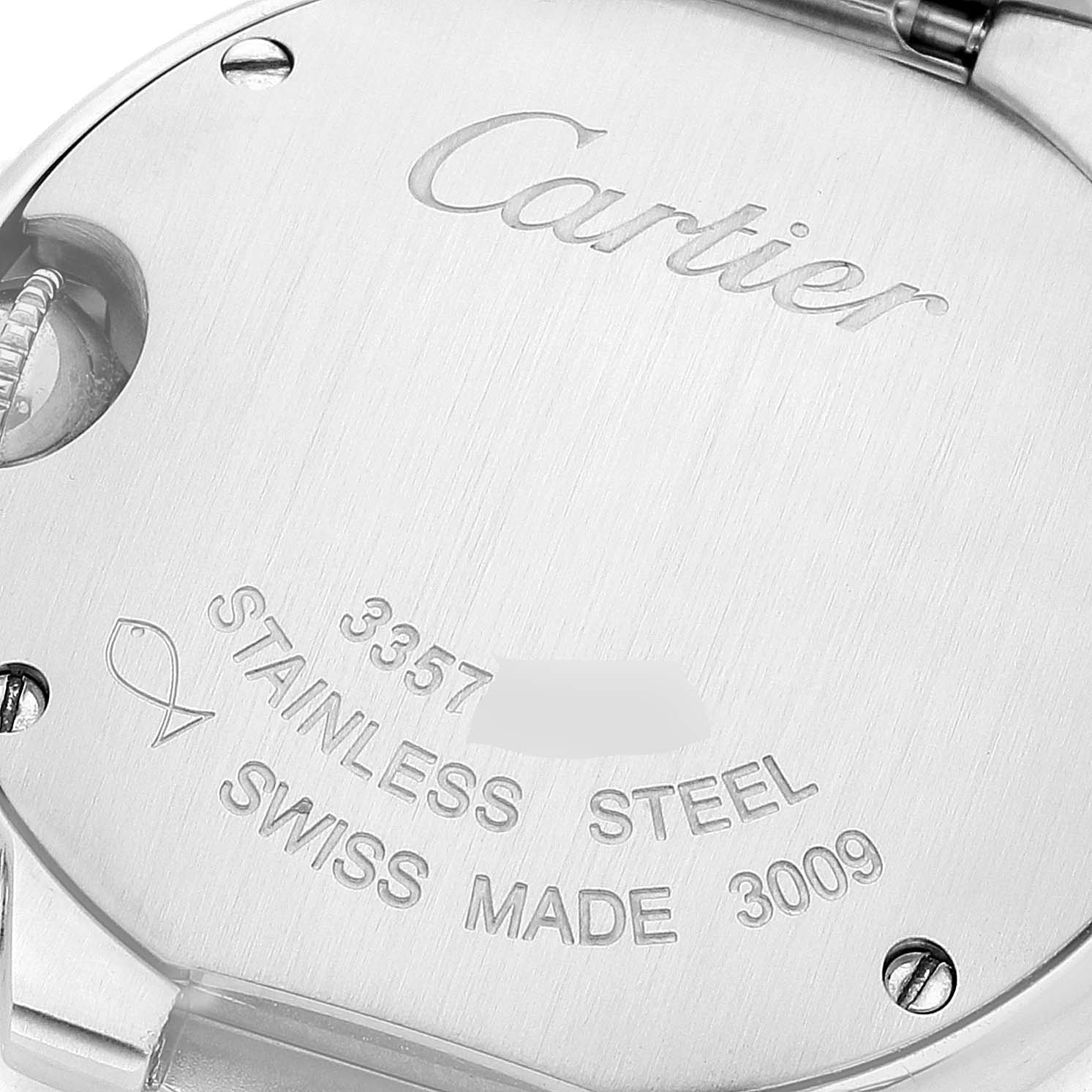 The image shows the back case of a Cartier Ballon Bleu W69010Z4 Women
s Stainless Steel Silver Dial W69010Z4 Women
s Stainless Steel Silver Dial watch, highlighting the stainless steel material and engravings.