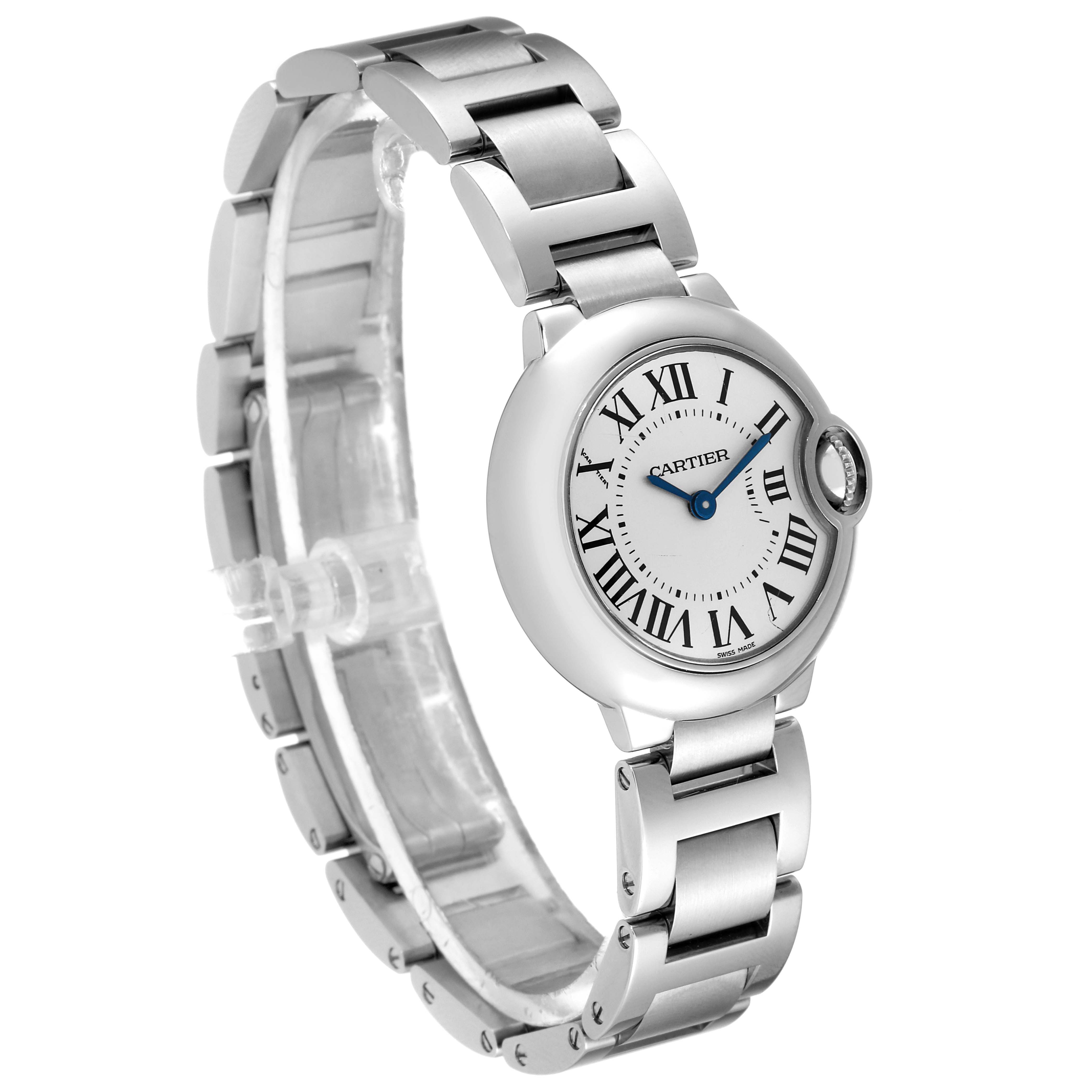 The image shows a side and front-angle view of the Cartier Ballon Bleu W69010Z4 Women
s Stainless Steel Silver Dial W69010Z4 Women
s Stainless Steel Silver Dial watch, highlighting its bracelet and dial.