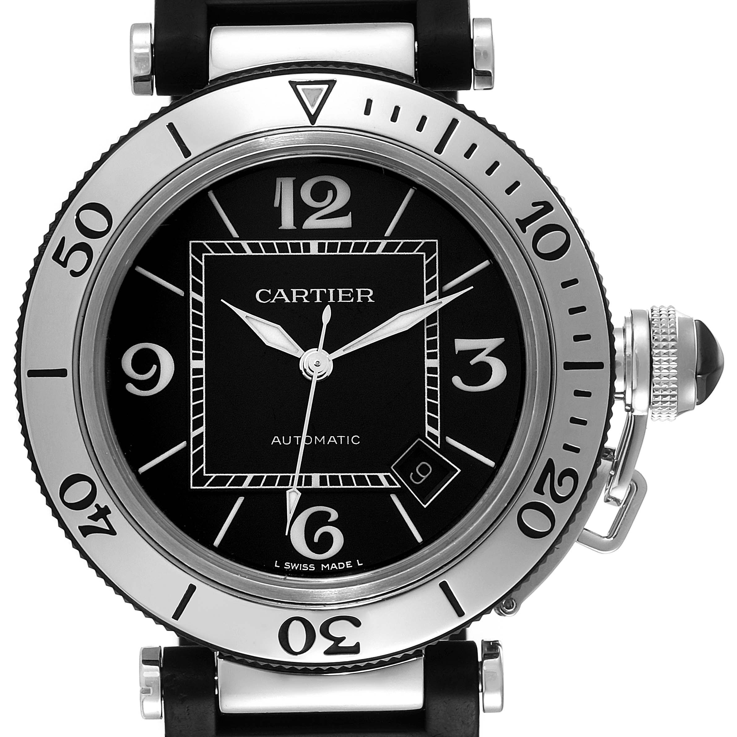 This is a close-up of the Cartier Pasha W31077U2 Men's Stainless Steel Black Dial W31077U2 Men's Stainless Steel Black Dial watch showing the dial, bezel, and crown.