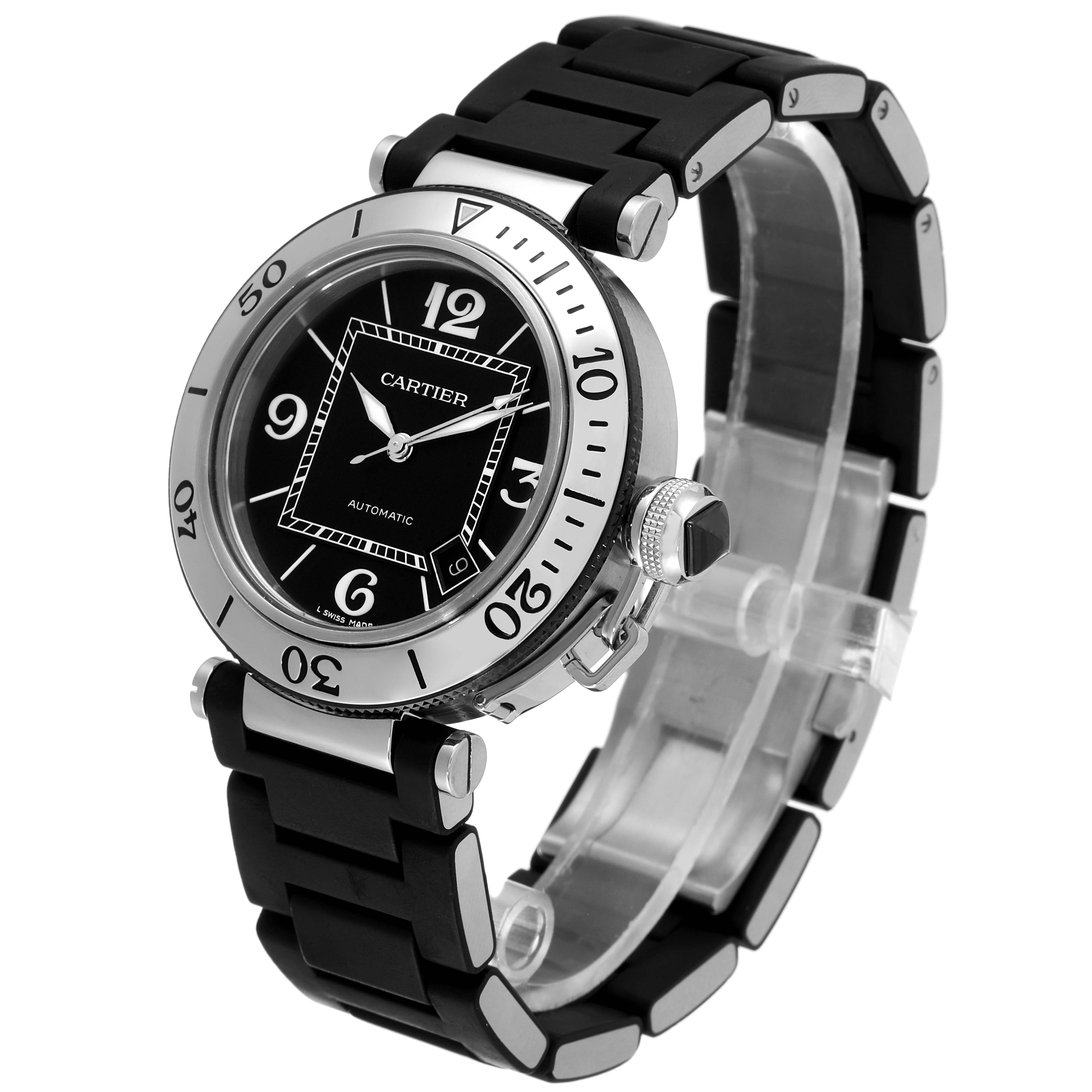 The Cartier Pasha W31077U2 Men's Stainless Steel Black Dial W31077U2 Men's Stainless Steel Black Dial watch is shown at a three-quarter angle, highlighting its black dial, bezel, and strap.