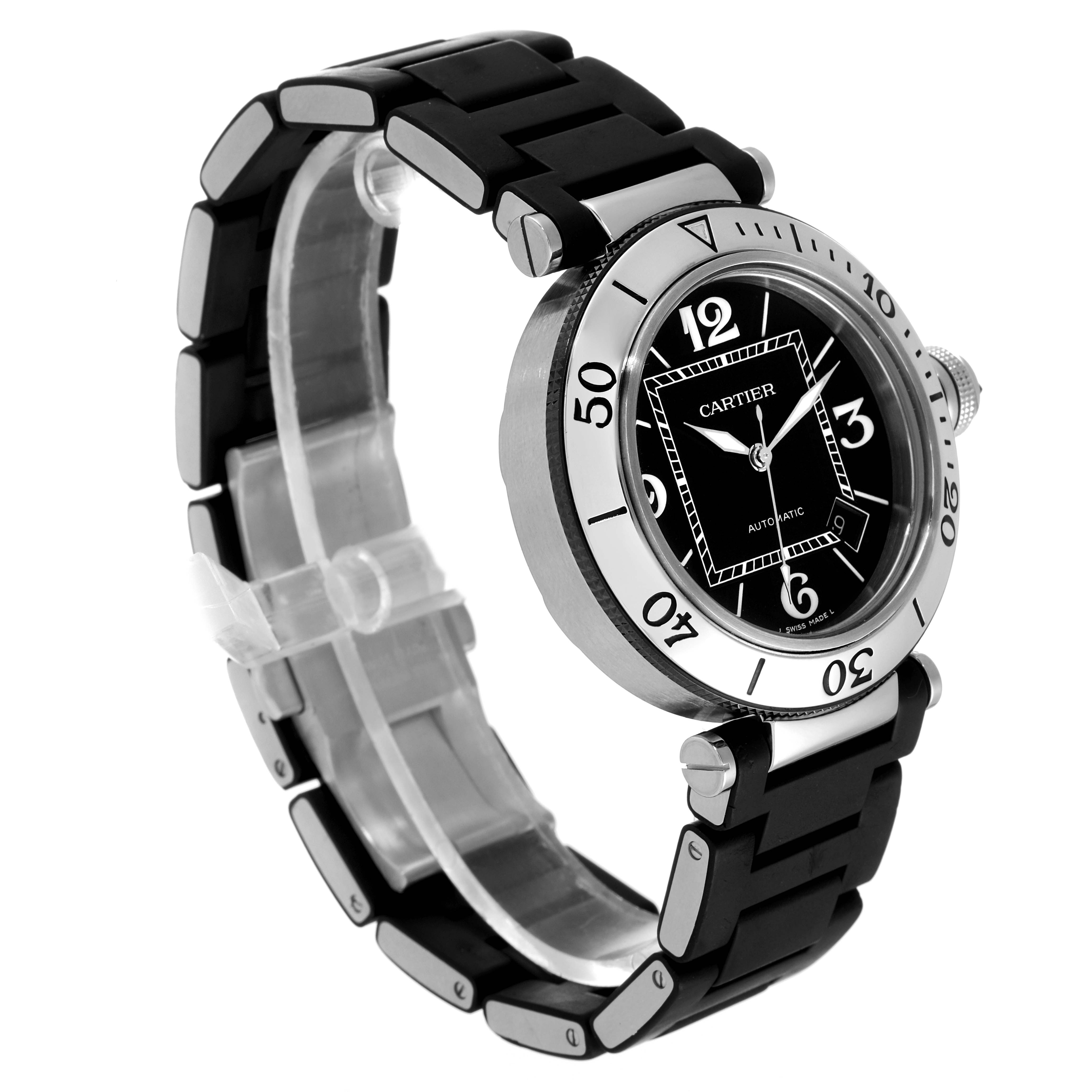 The Cartier Pasha W31077U2 Men's Stainless Steel Black Dial W31077U2 Men's Stainless Steel Black Dial watch is shown at a three-quarter angle, displaying its face, bezel, and black strap.