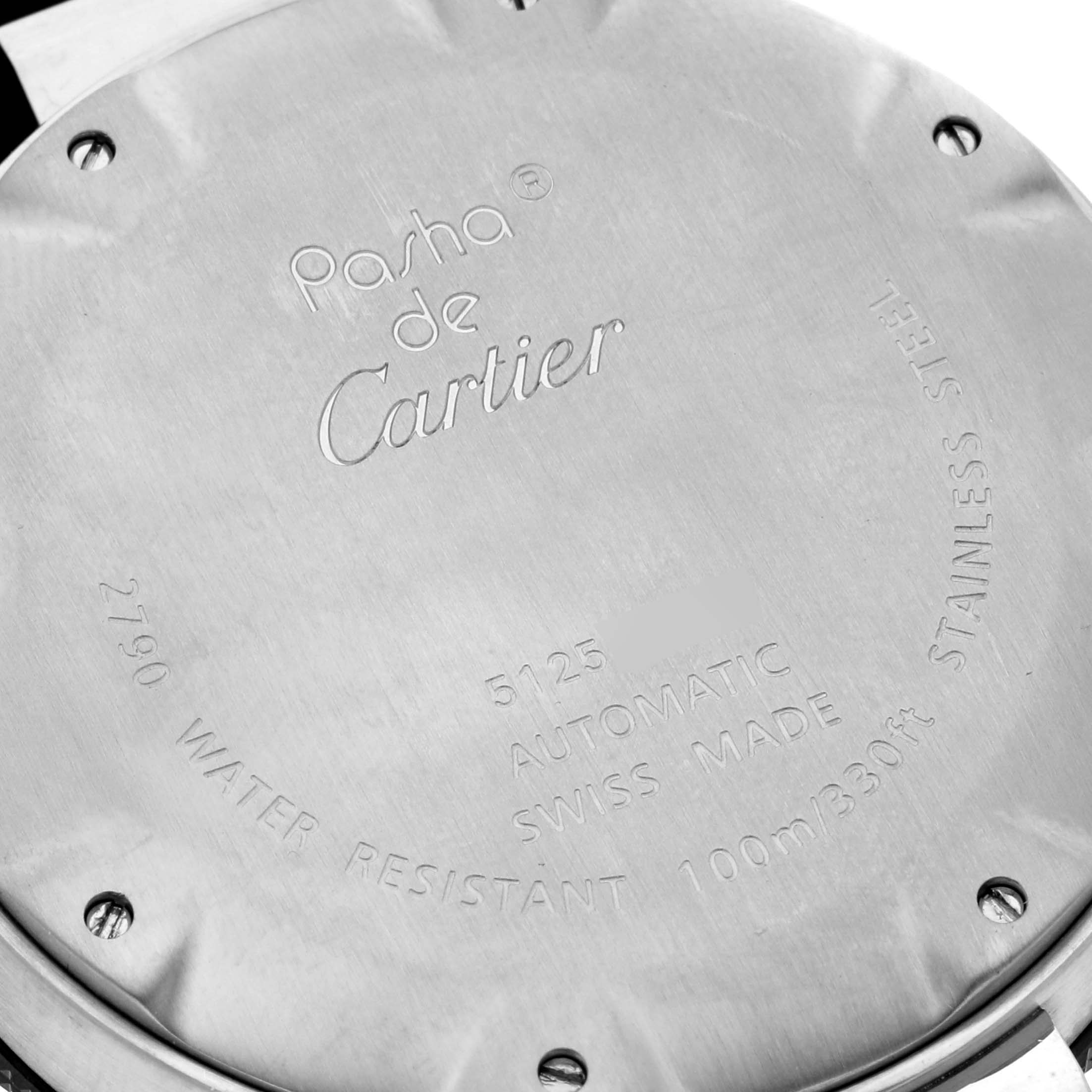 The image shows the back case of a Cartier Pasha W31077U2 Men's Stainless Steel Black Dial W31077U2 Men's Stainless Steel Black Dial watch with engraved specifications and branding.