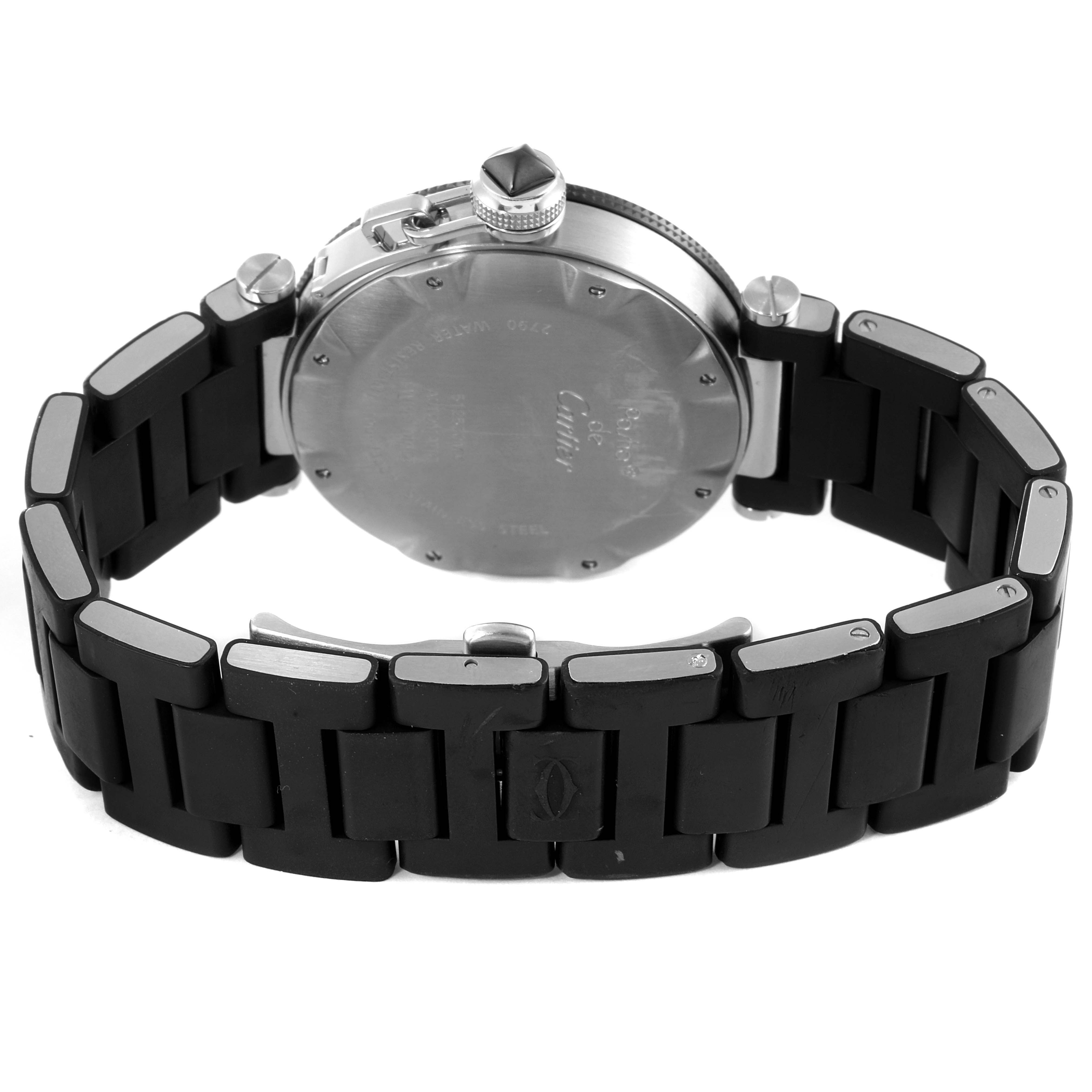 The image shows the back view of a Cartier Pasha W31077U2 Men's Stainless Steel Black Dial W31077U2 Men's Stainless Steel Black Dial watch, including the case back and bracelet.