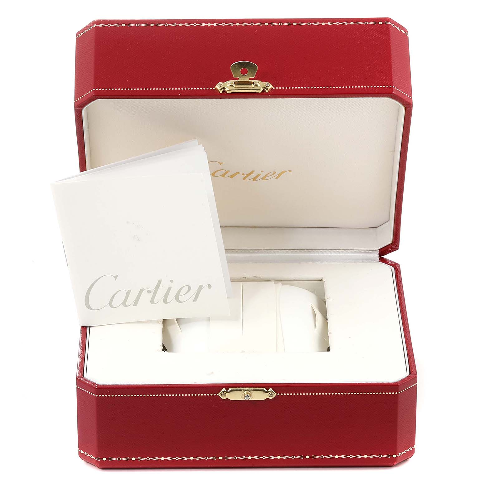 The image shows a Cartier Pasha W31077U2 Men's Stainless Steel Black Dial W31077U2 Men's Stainless Steel Black Dial watch box and booklet, with the box open and the watch pillow inside.