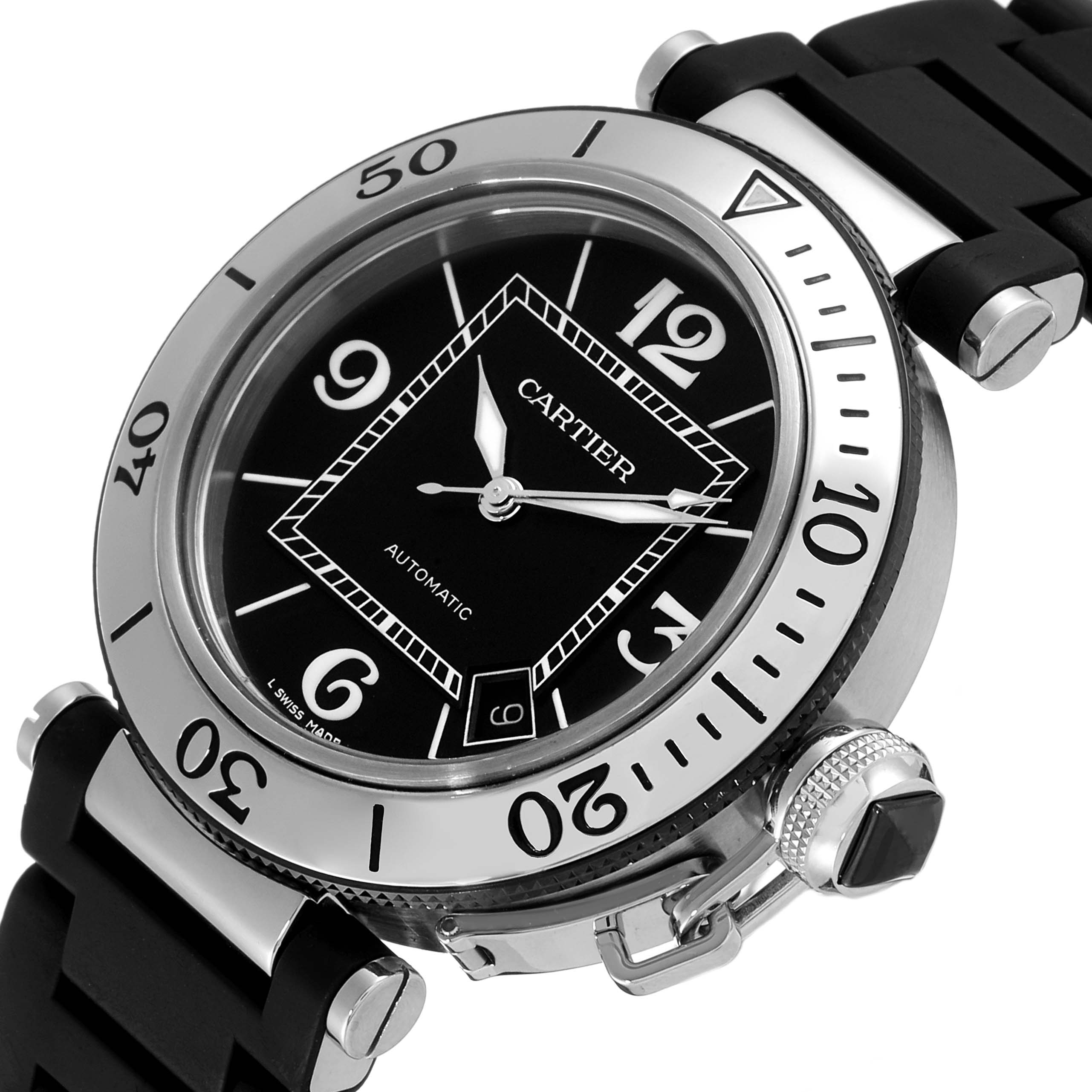 The image shows a Cartier Pasha W31077U2 Men's Stainless Steel Black Dial W31077U2 Men's Stainless Steel Black Dial watch at a slight angle, highlighting its bezel, dial, and a portion of the rubber strap.