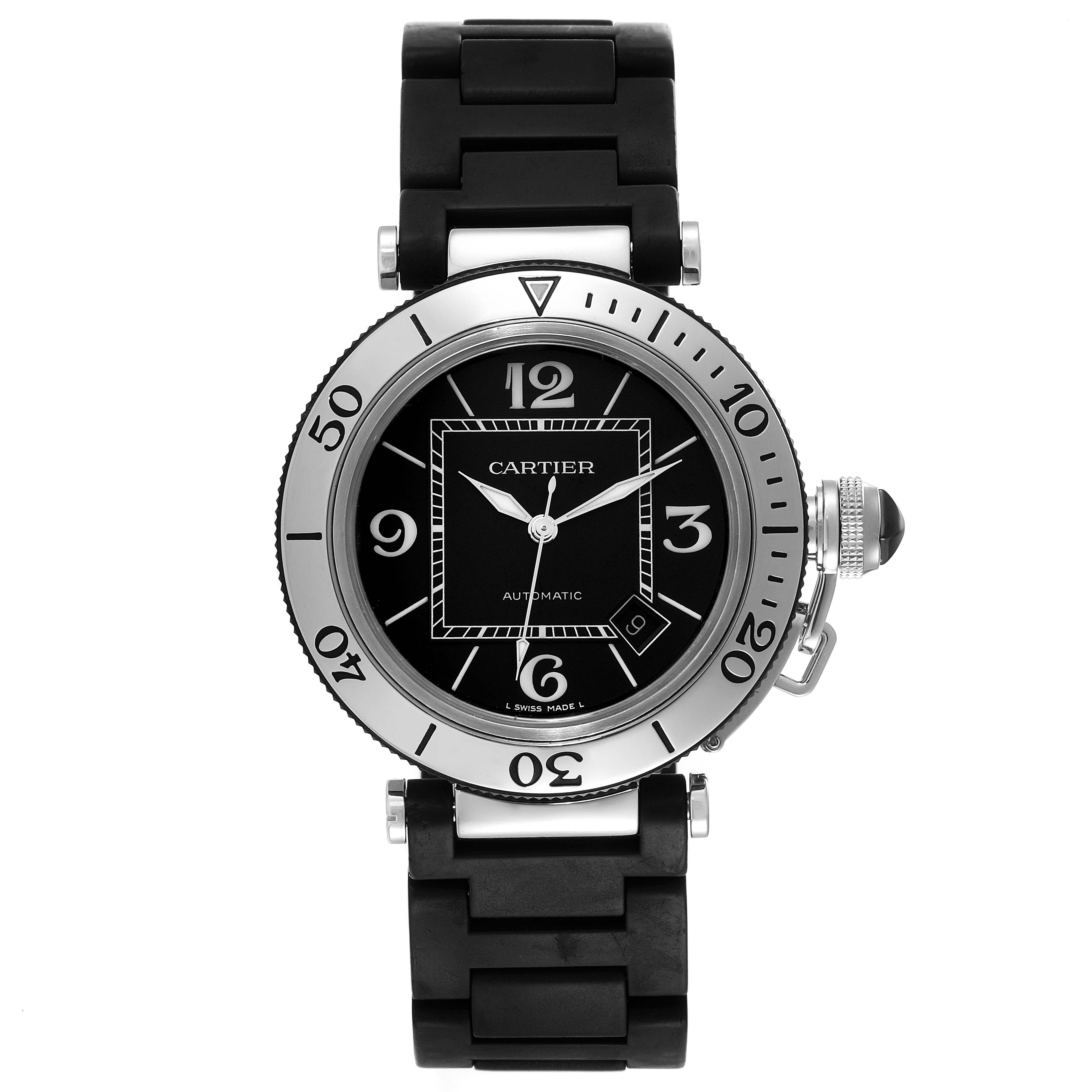 This is a front view of the Cartier Pasha W31077U2 Men's Stainless Steel Black Dial W31077U2 Men's Stainless Steel Black Dial watch, showcasing its black dial, bezel, and rubber strap.