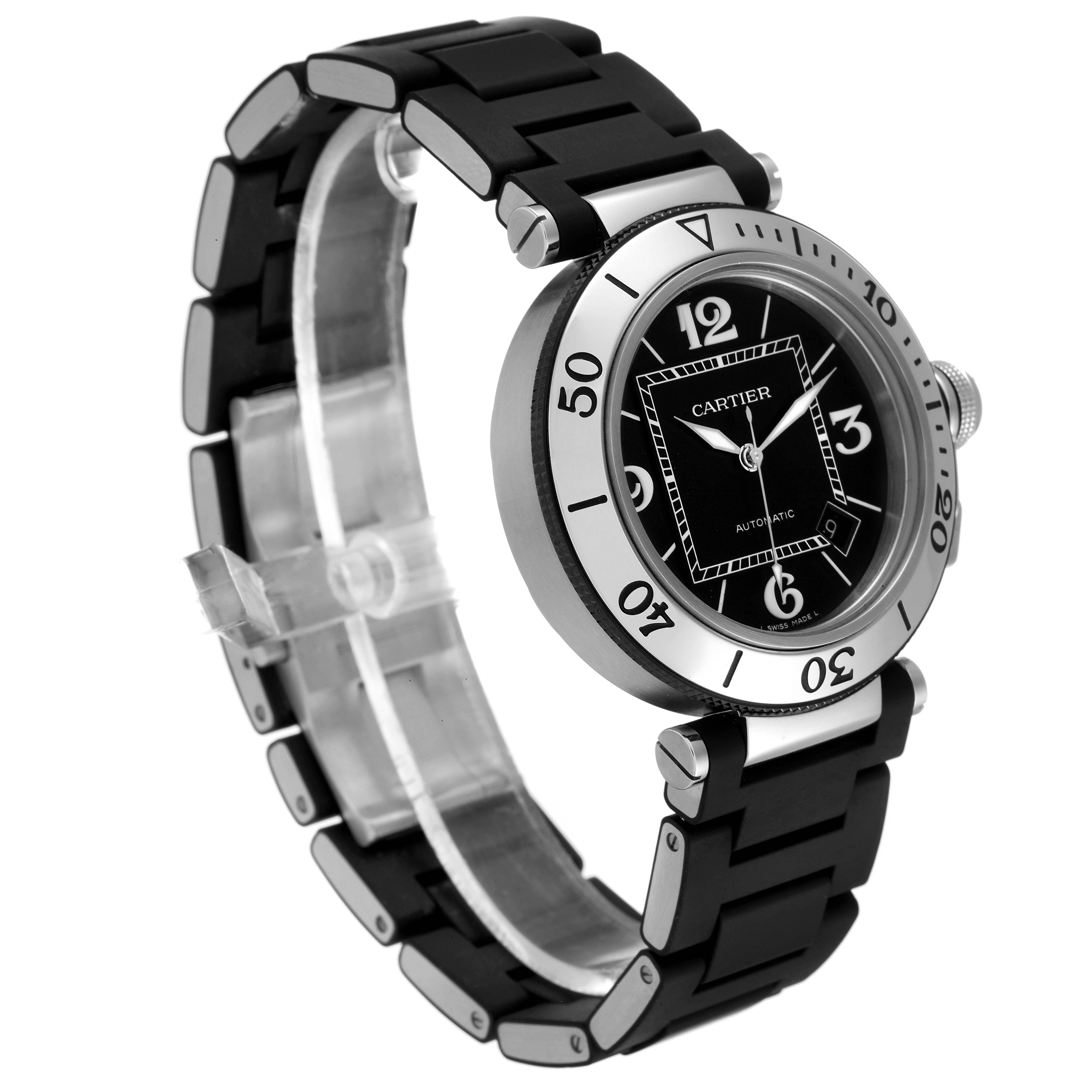 The image shows a side view of the Cartier Pasha W31077U2 Men
s Stainless Steel Black Dial W31077U2 Men
s Stainless Steel Black Dial watch, highlighting its black dial, bezel, and rubber strap.