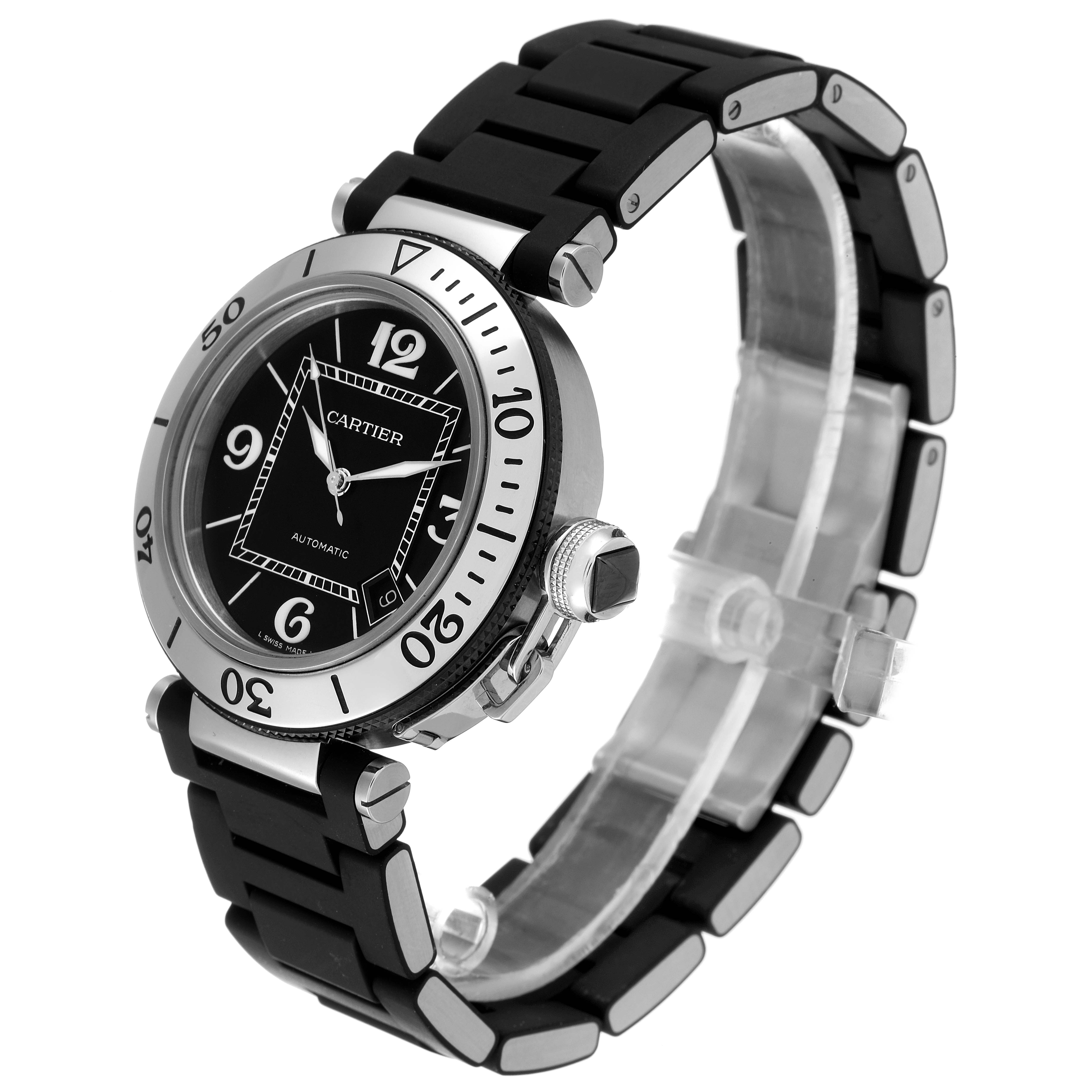 This is a side-angle view of a Cartier Pasha W31077U2 Men
s Stainless Steel Black Dial W31077U2 Men
s Stainless Steel Black Dial model watch, showcasing the face, bezel, and black strap.