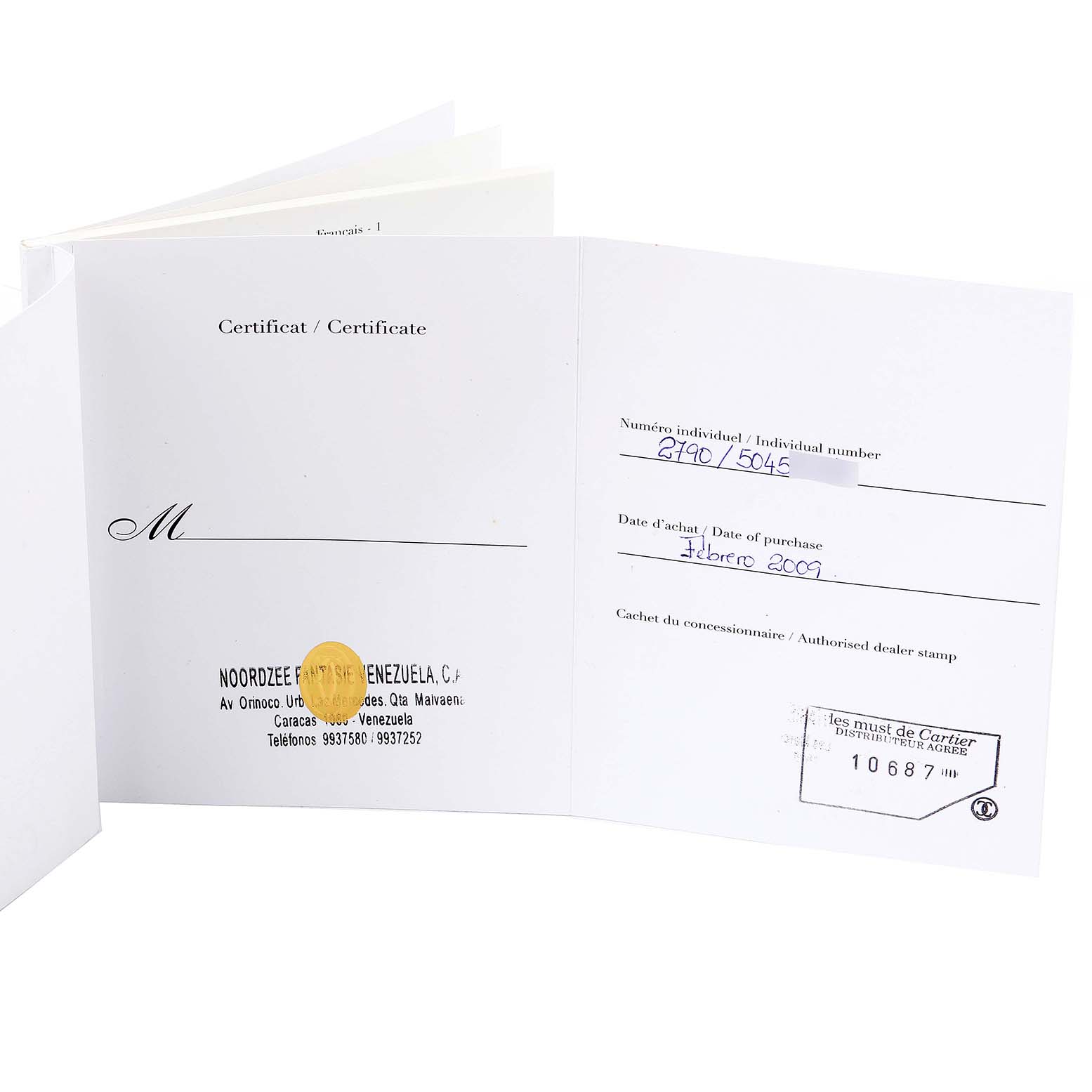 The image shows the open certificate of Best Quality
ity for a Cartier Pasha W31077U2 Men
s Stainless Steel Black Dial W31077U2 Men
s Stainless Steel Black Dial model watch.