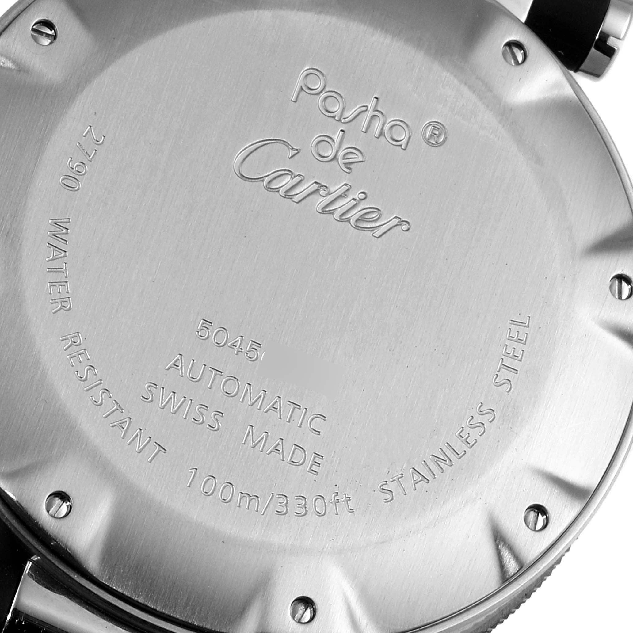 This is the back case of a Pasha de Cartier watch, showing the model details and water resistance specifications.