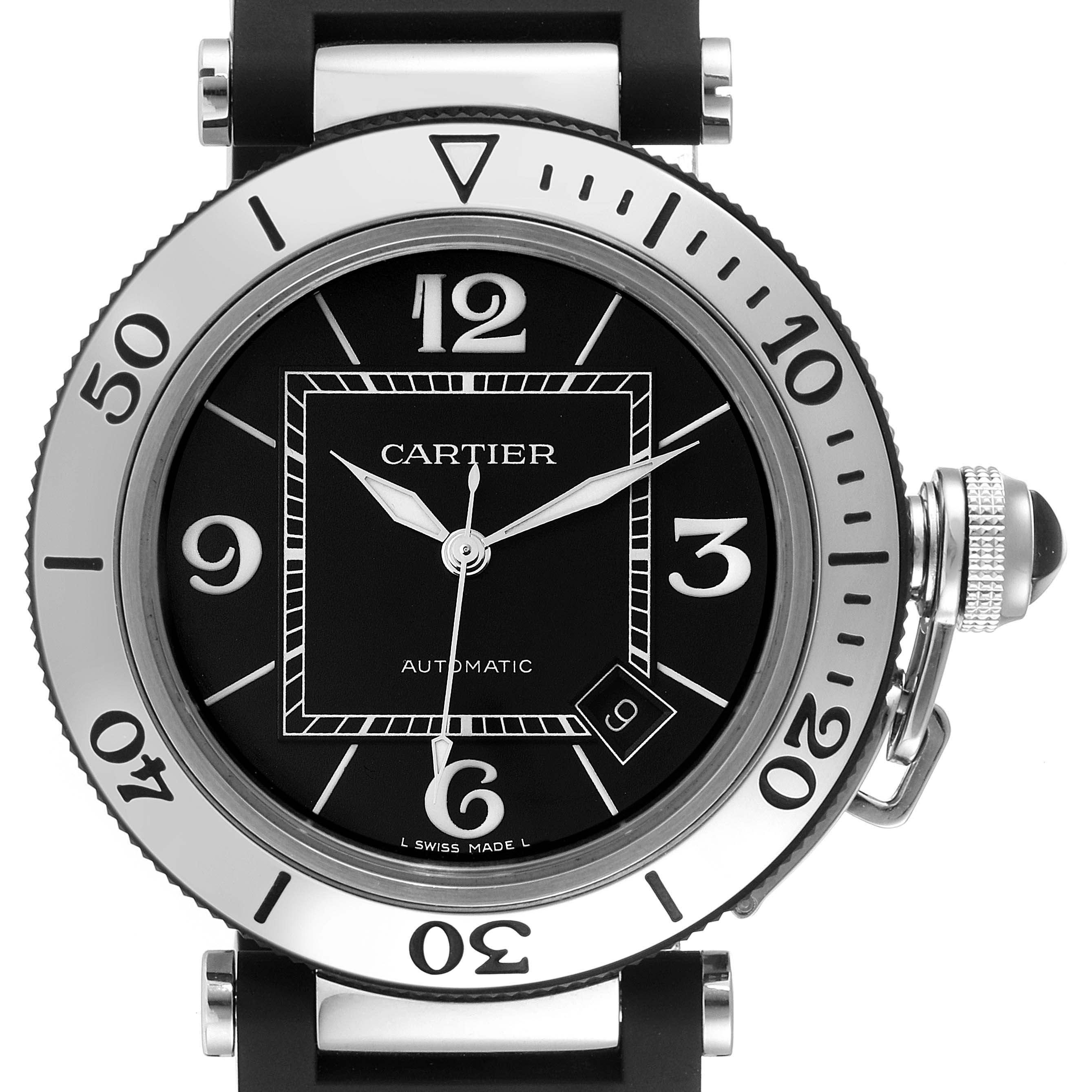 The image shows a frontal view of the Cartier Pasha W31077U2 Men
s Stainless Steel Black Dial W31077U2 Men
s Stainless Steel Black Dial model watch, highlighting the dial, bezel, and crown protection.