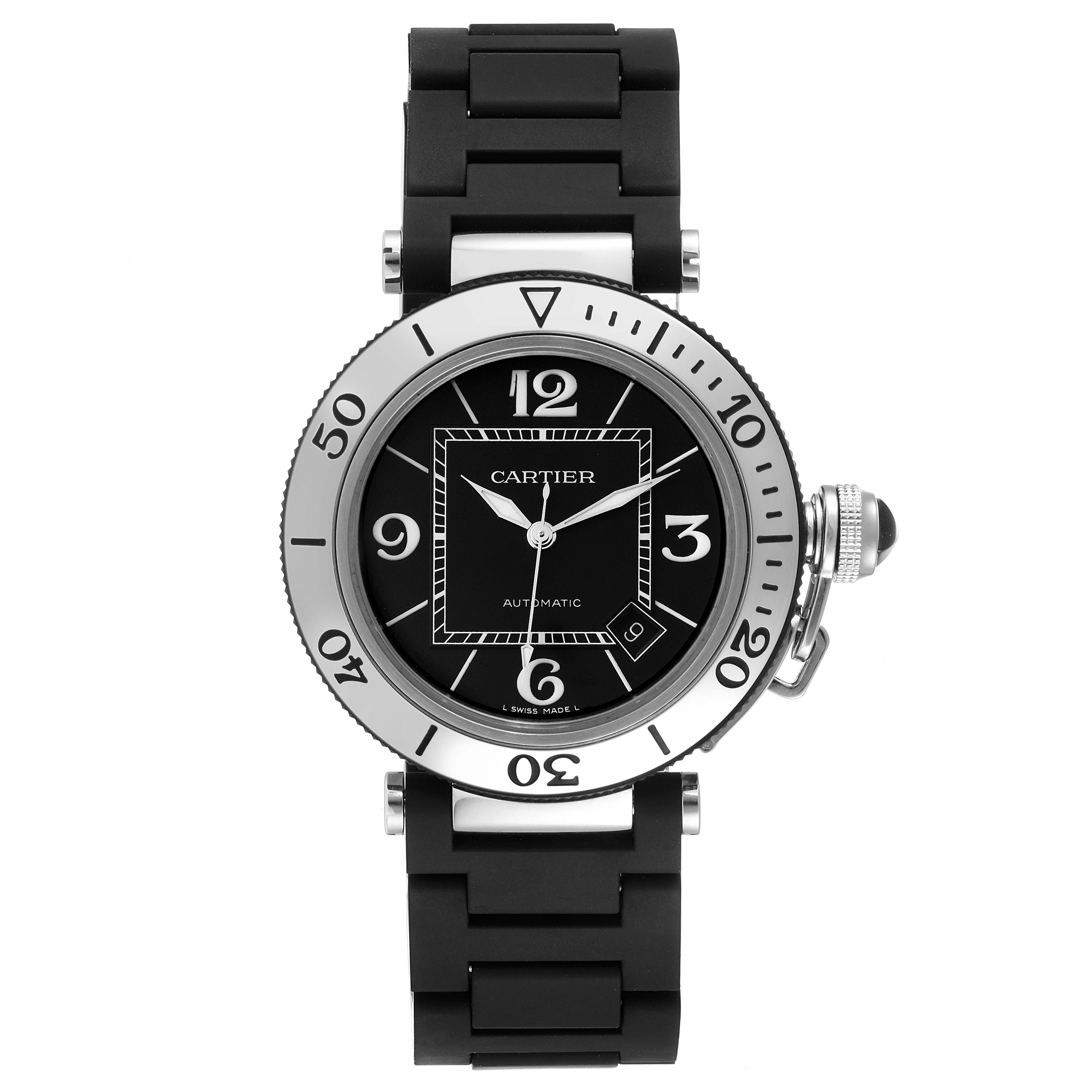 The image shows a front view of a Cartier Pasha W31077U2 Men
s Stainless Steel Black Dial W31077U2 Men
s Stainless Steel Black Dial watch with a black rubber strap and a black dial.