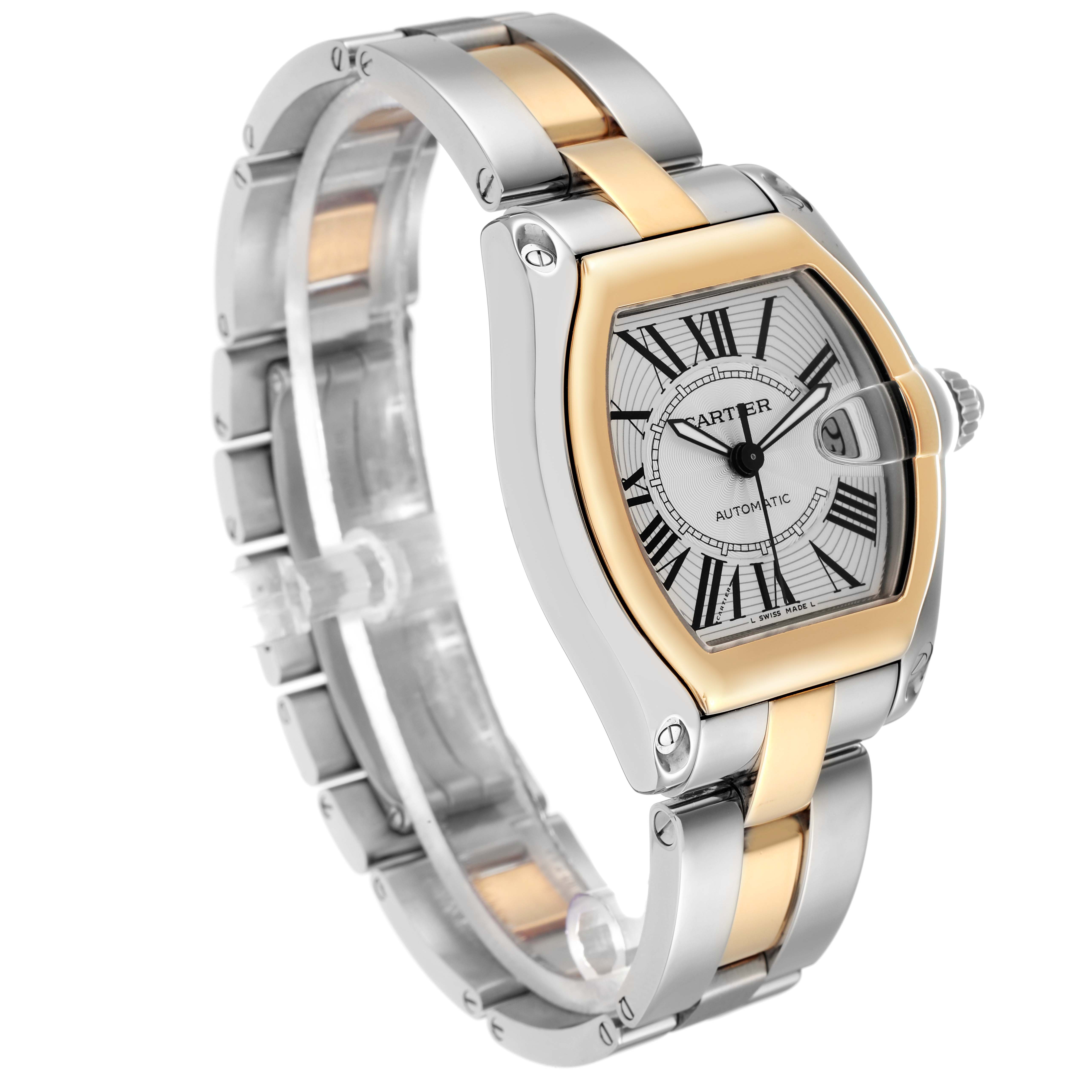 The Cartier Roadster W62031Y4 Men
s Steel and Gold (two tone) Silver Dial watch is shown from a three-quarter angle, highlighting the dial, bezel, crown, and two-tone bracelet.