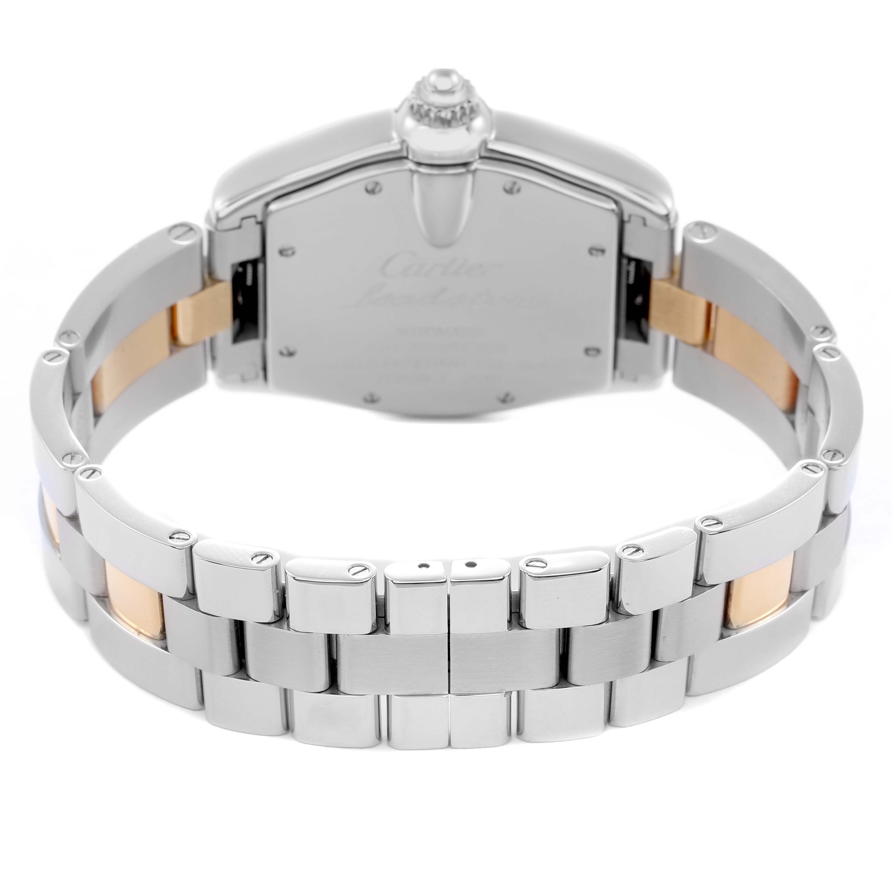 The image shows the back view of a Cartier Roadster W62031Y4 Men
s Steel and Gold (two tone) Silver Dial watch, highlighting its metal bracelet and clasp.