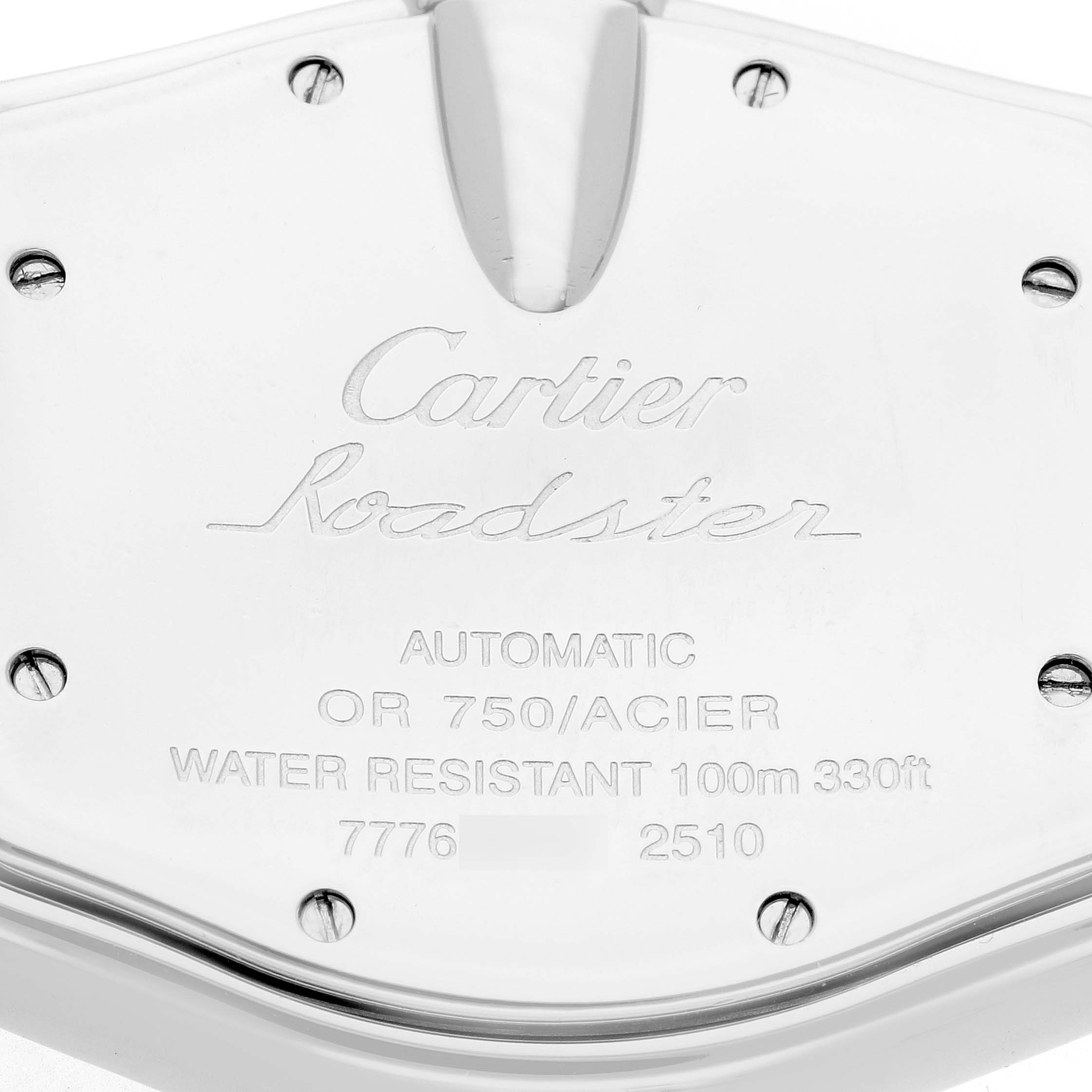 The image shows the back case of a Cartier Roadster W62031Y4 Men
s Steel and Gold (two tone) Silver Dial watch, highlighting the brand name, model, and specifications.