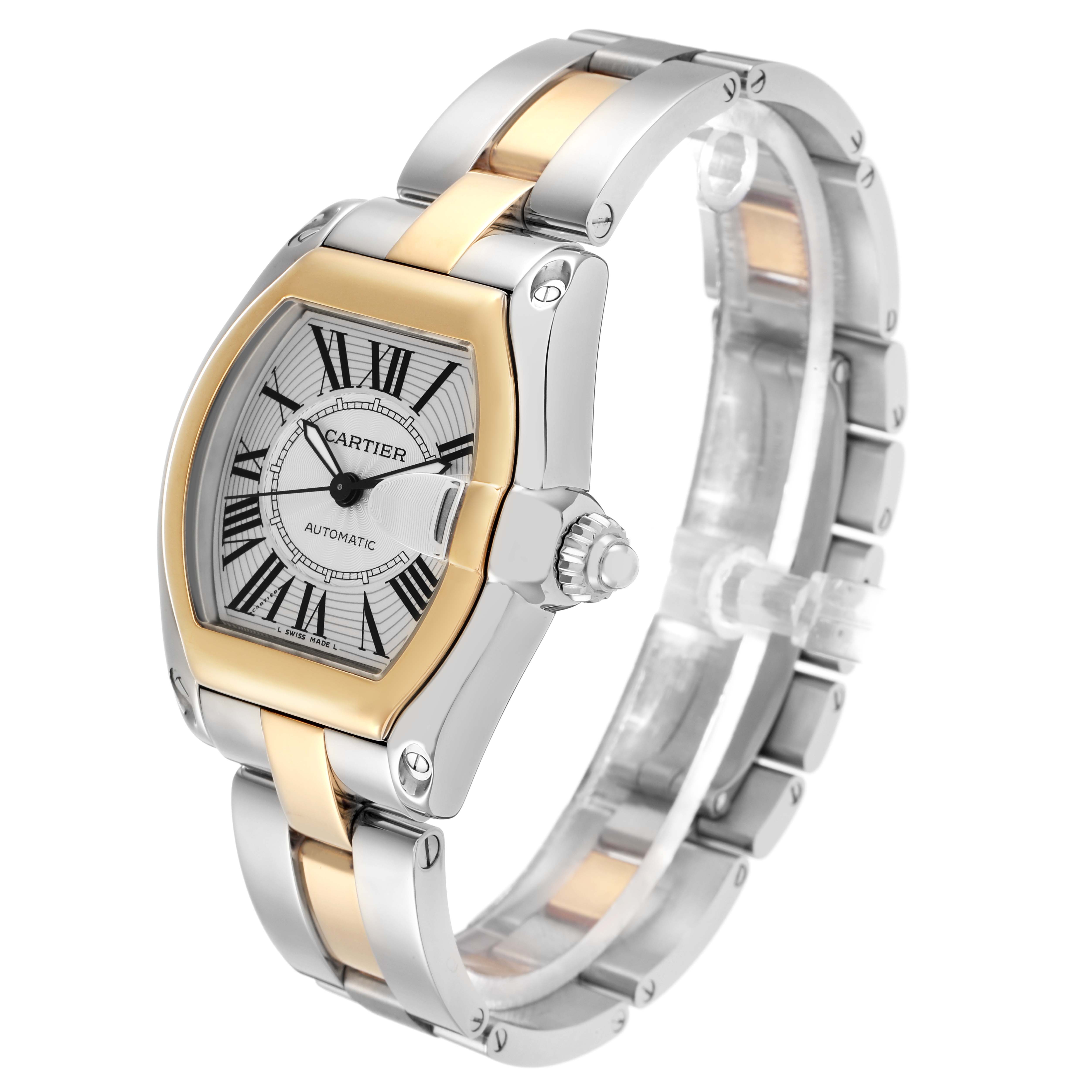 The Cartier Roadster W62031Y4 Men
s Steel and Gold (two tone) Silver Dial watch is shown at a three-quarter angle, displaying the dial, crown, and part of the bracelet.