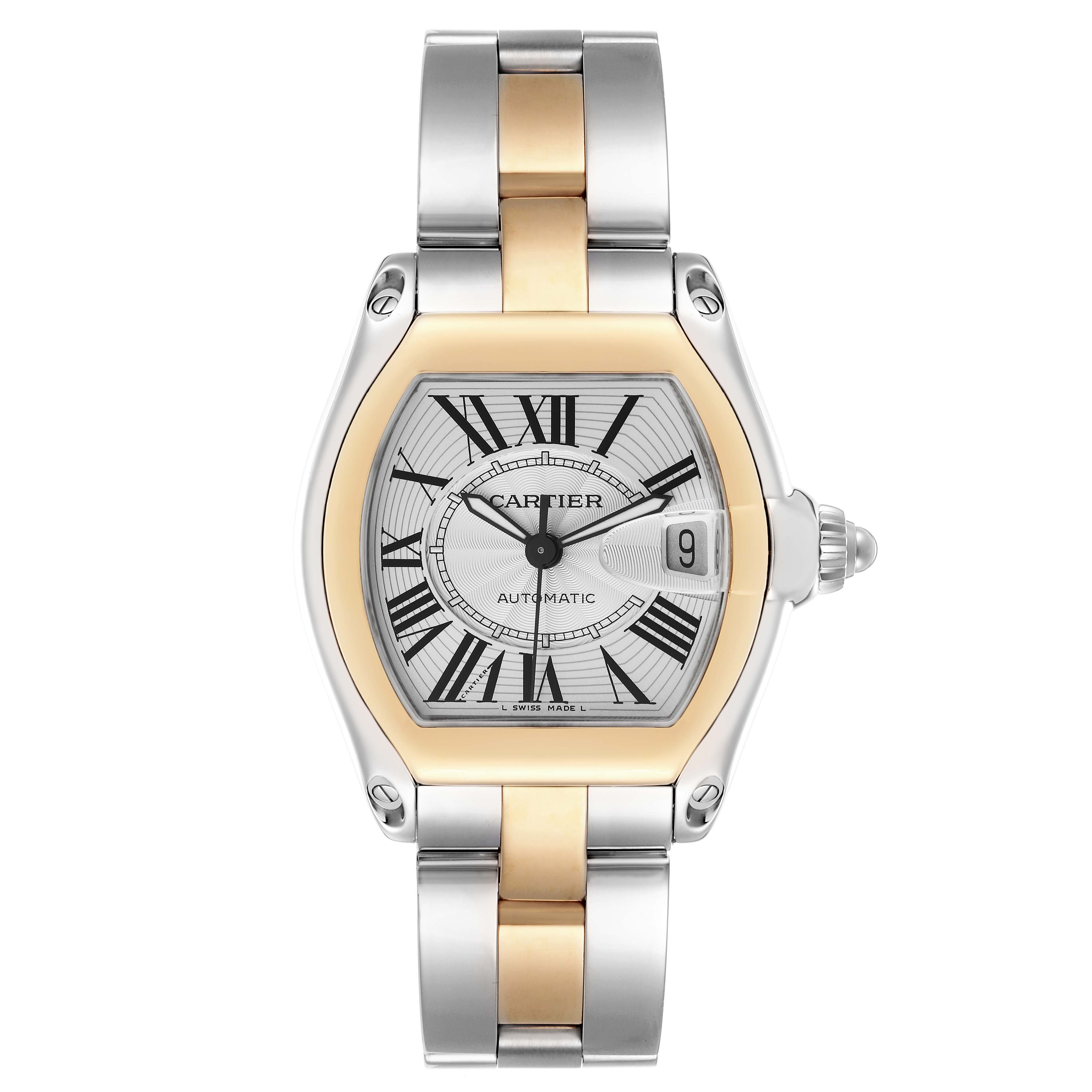 The Cartier Roadster W62031Y4 Men
s Steel and Gold (two tone) Silver Dial watch is shown from a top-down angle, displaying its face, bezel, and metal bracelet.