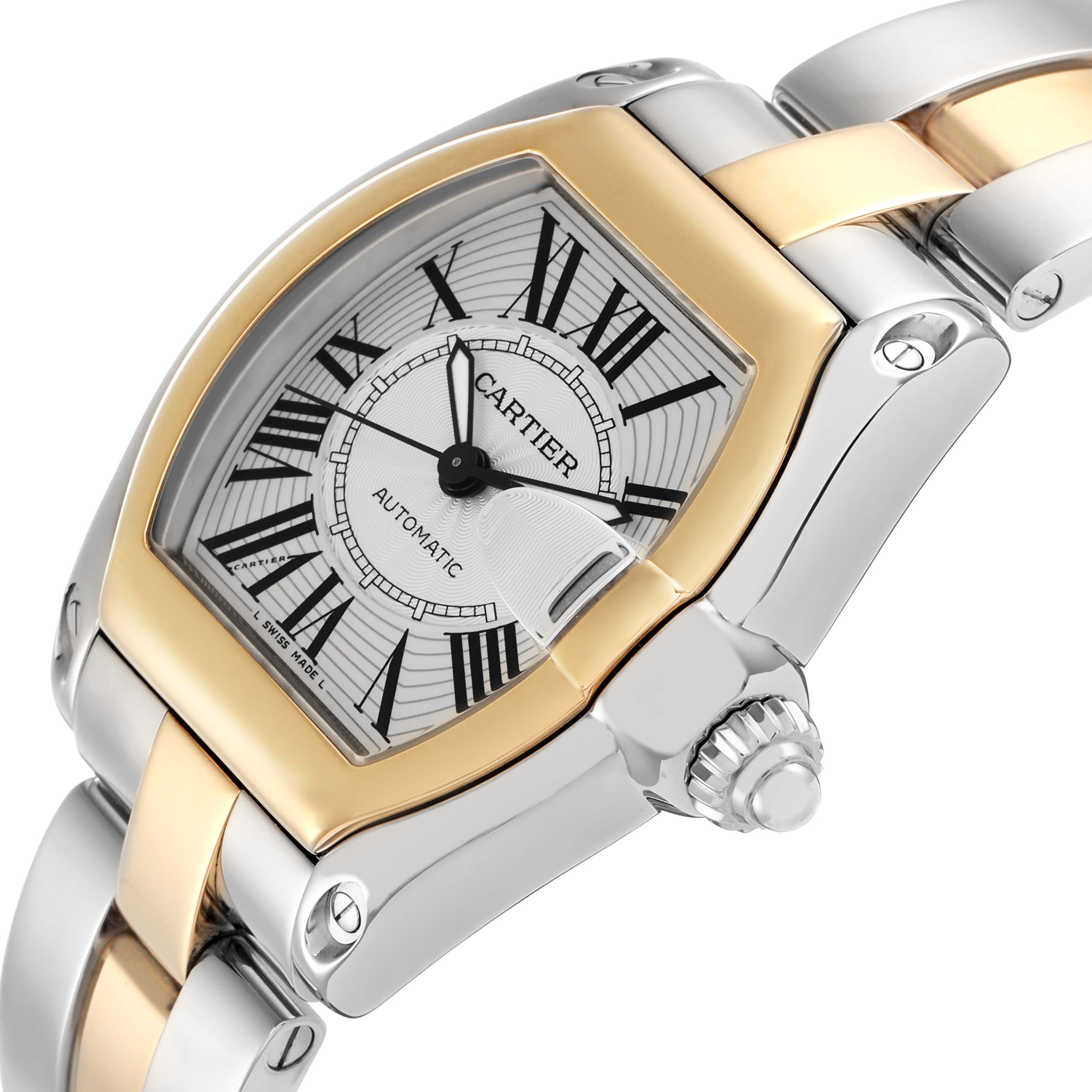 The Cartier Roadster W62031Y4 Men
s Steel and Gold (two tone) Silver Dial watch is shown at an oblique angle, highlighting the dial, crown, and two-tone bracelet.