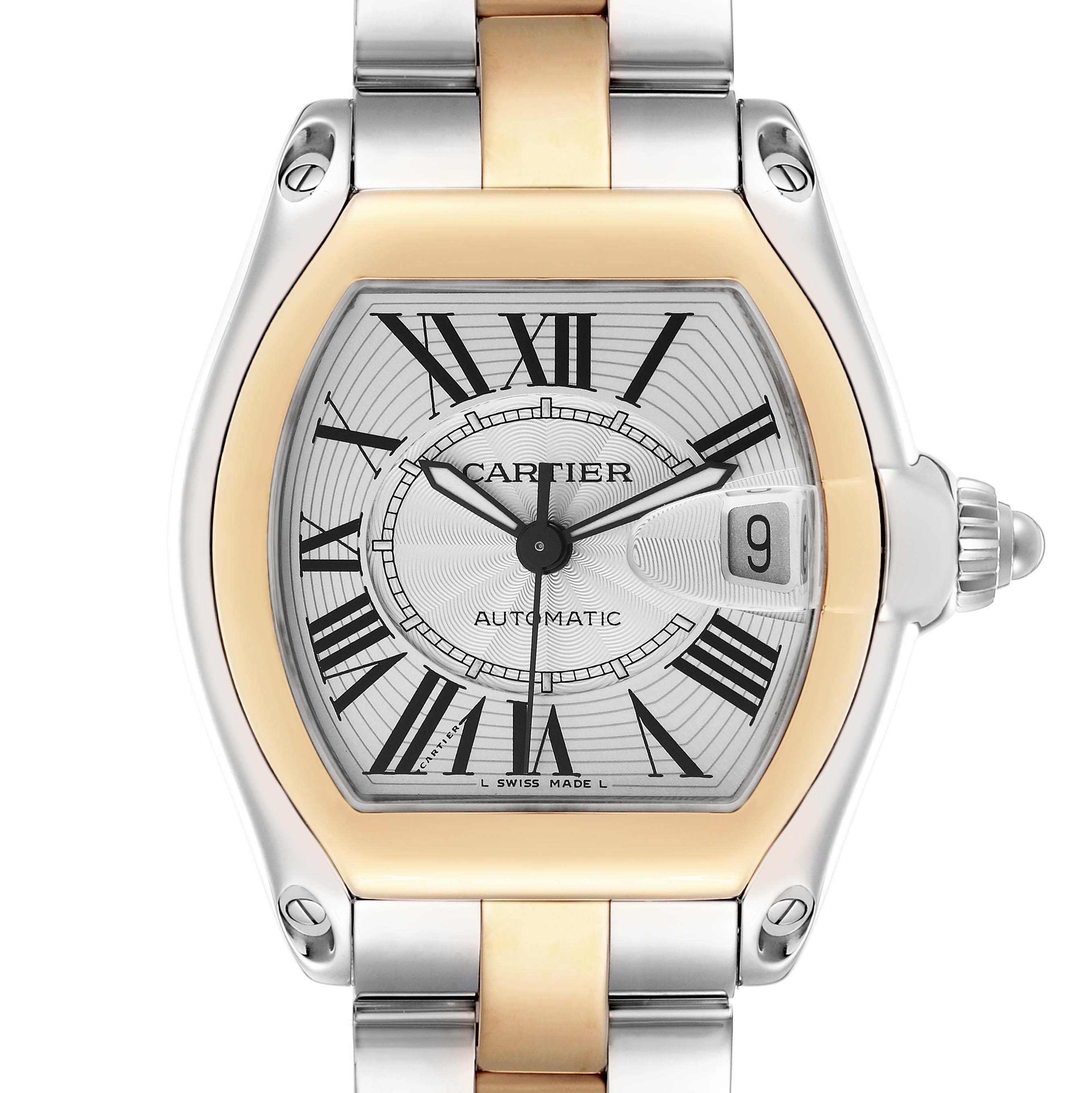 The Cartier Roadster W62031Y4 Men
s Steel and Gold (two tone) Silver Dial watch is shown from the front, highlighting the dial, Roman numerals, date window, and crown.