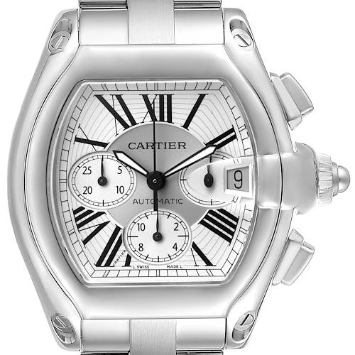 The Cartier Roadster W62019X6 Men's Stainless Steel Silver Dial watch is shown from the front, displaying the dial, date window, and crown.