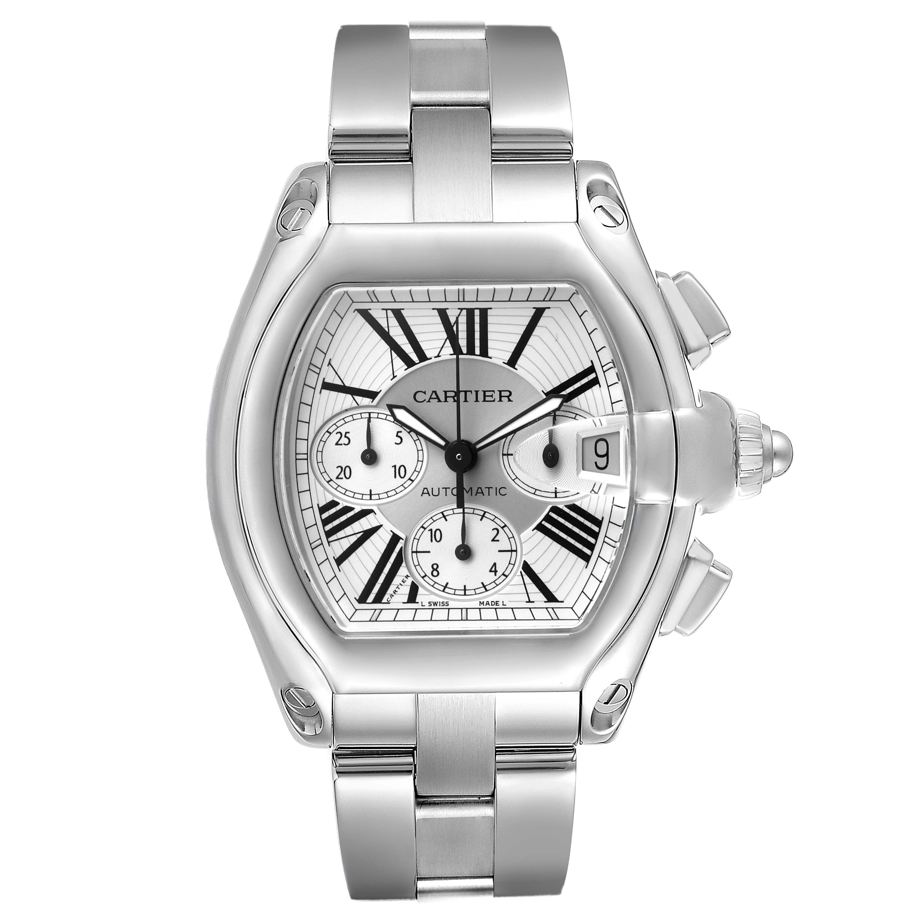 The Cartier Roadster W62019X6 Men's Stainless Steel Silver Dial watch is shown from a front angle, featuring its dial, bezel, crown, and bracelet.