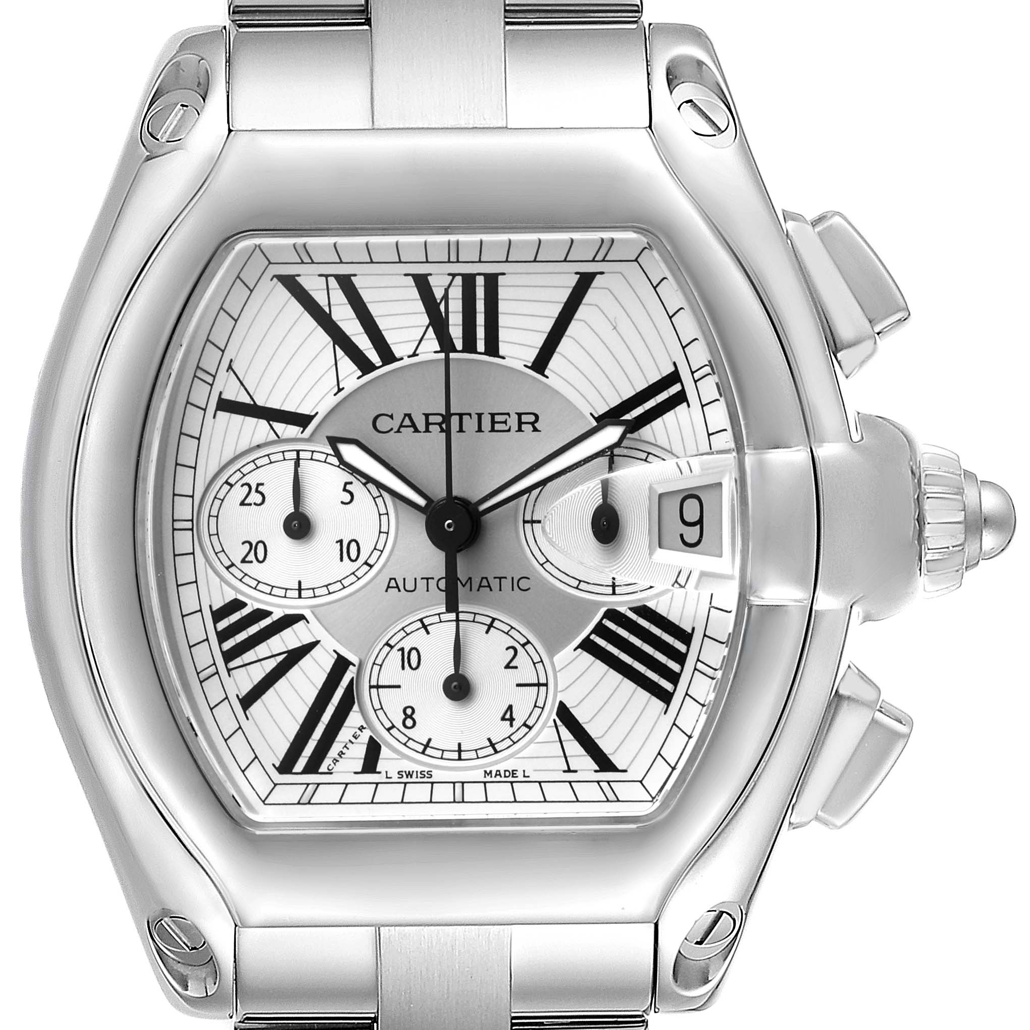 The Cartier Roadster W62019X6 Men's Stainless Steel Silver Dial watch is shown from the front, displaying its dial, case, and crown with date and chronograph features.