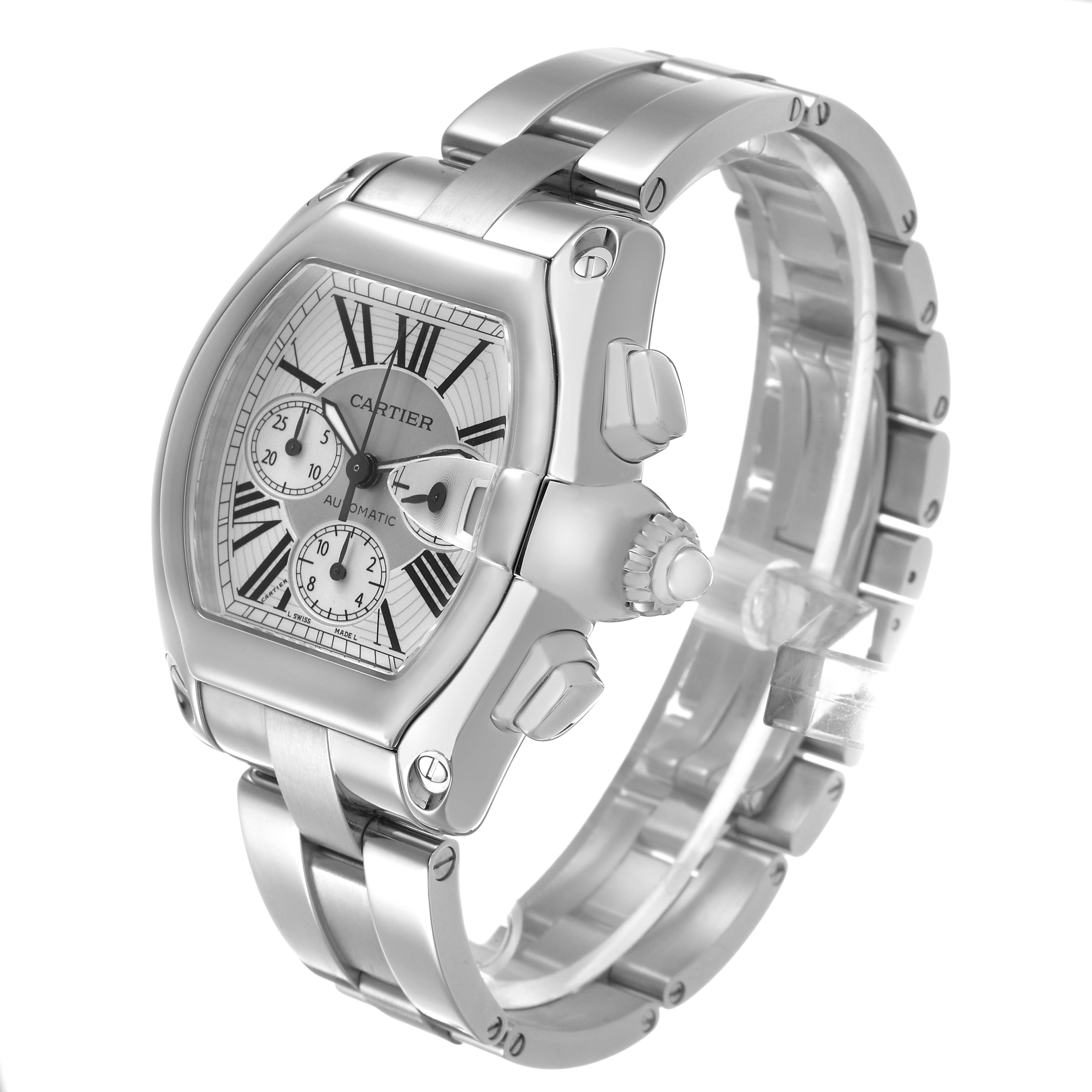 The Cartier Roadster W62019X6 Men's Stainless Steel Silver Dial watch is shown at a three-quarter angle, highlighting the face, crown, and bracelet.