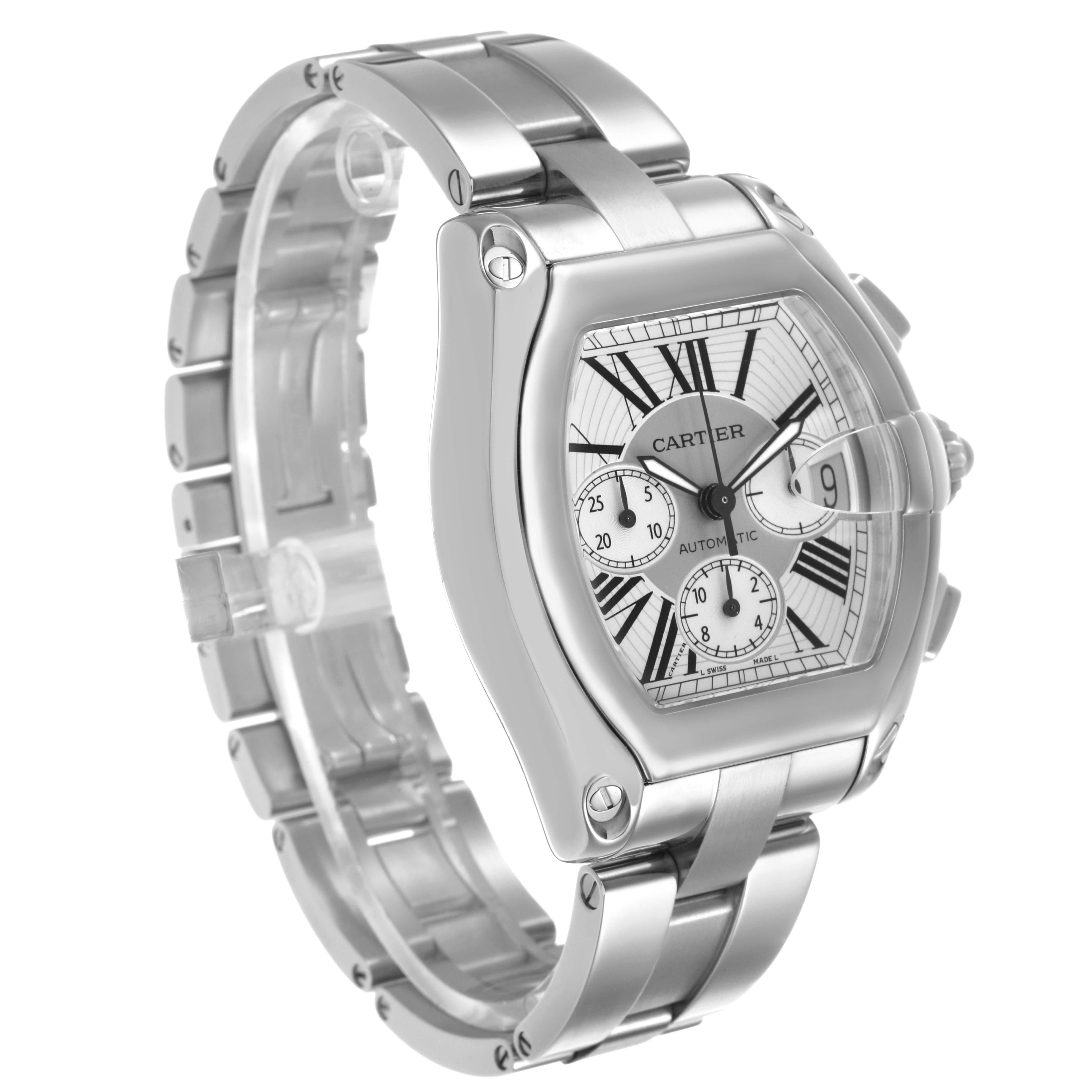The Cartier Roadster W62019X6 Men's Stainless Steel Silver Dial watch is shown at an angled front view, highlighting its face, bracelet, and side detailing.