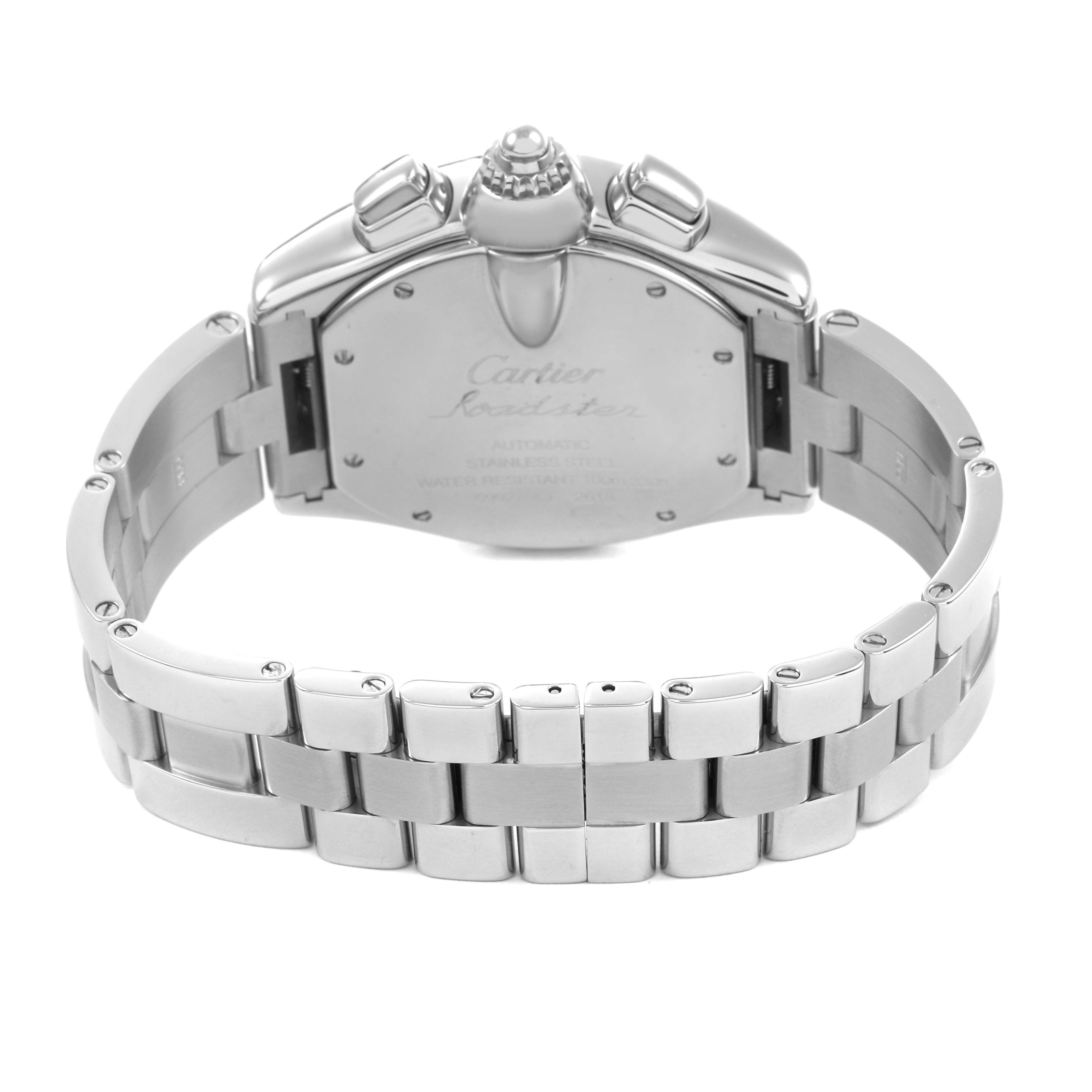 The image shows the back and bracelet of the Cartier Roadster W62019X6 Men's Stainless Steel Silver Dial watch from a rear angle.