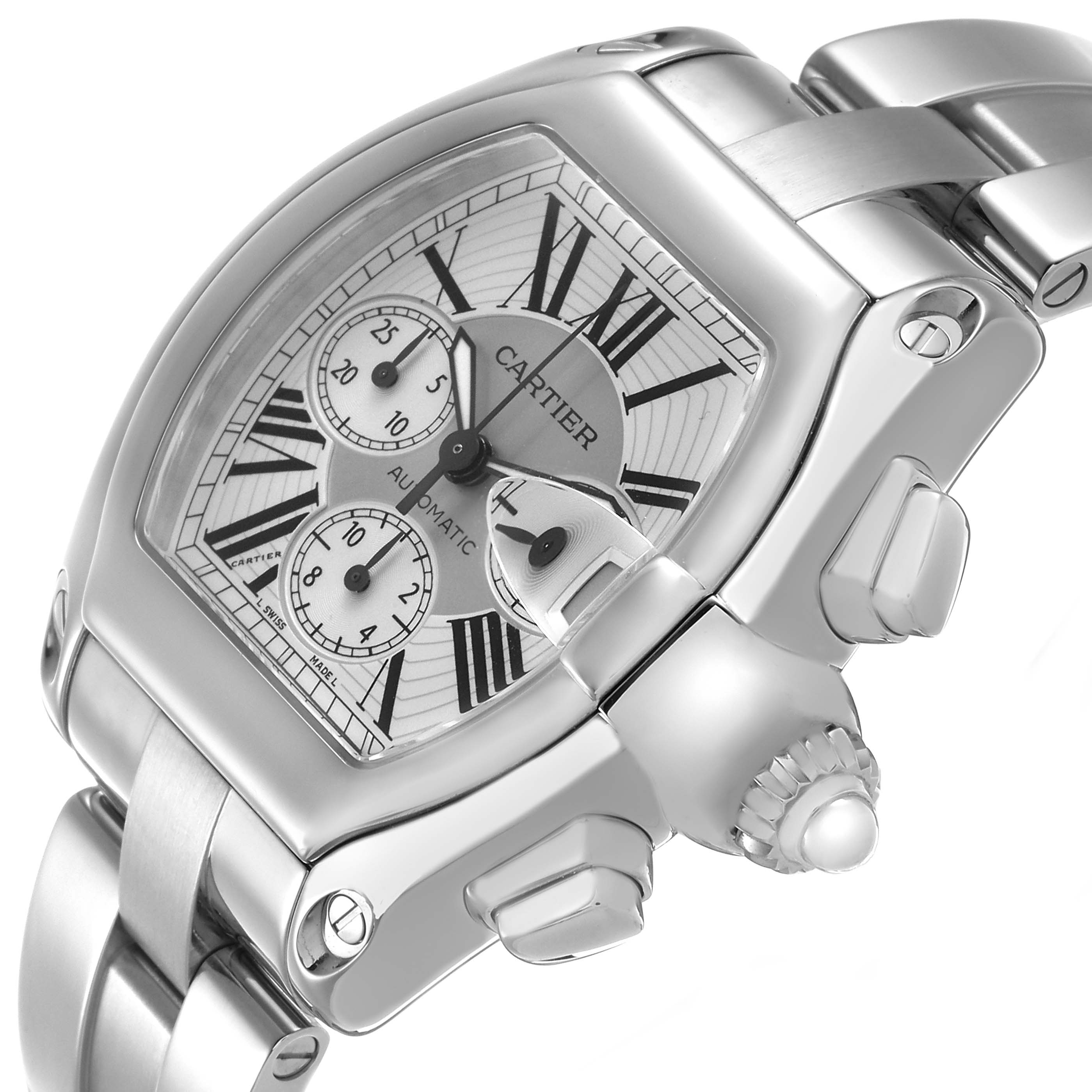The Cartier Roadster W62019X6 Men's Stainless Steel Silver Dial watch is shown at an oblique angle, highlighting the case, dial, bracelet, and crown.