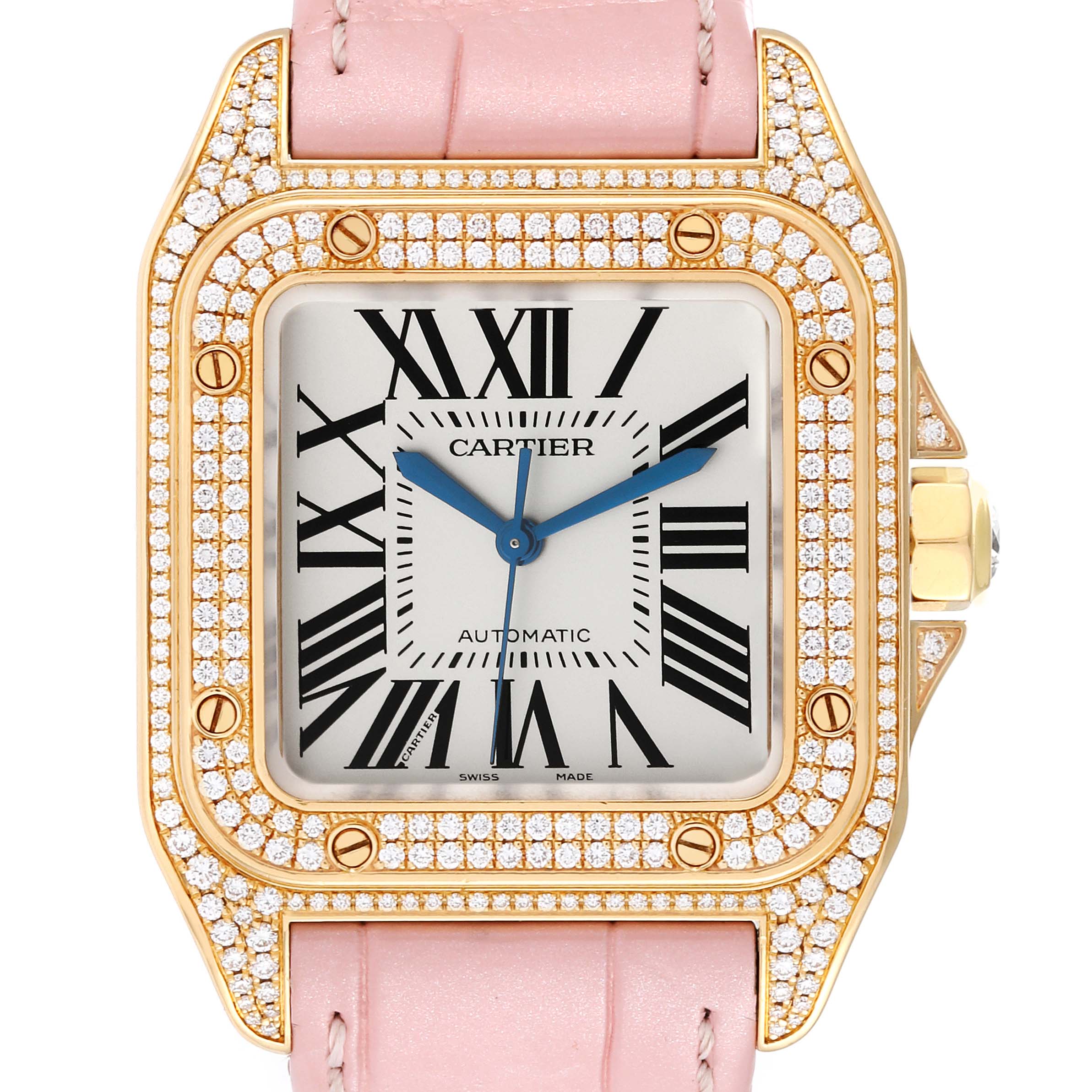 This image shows a front view of the Cartier WM502051 Women's Yellow Gold Silver Dial WM502051 Women's Yellow Gold Silver Dial Santos 100 Midsize Yellow Gold Diamond Ladies Watch WM502051 with a pink strap.