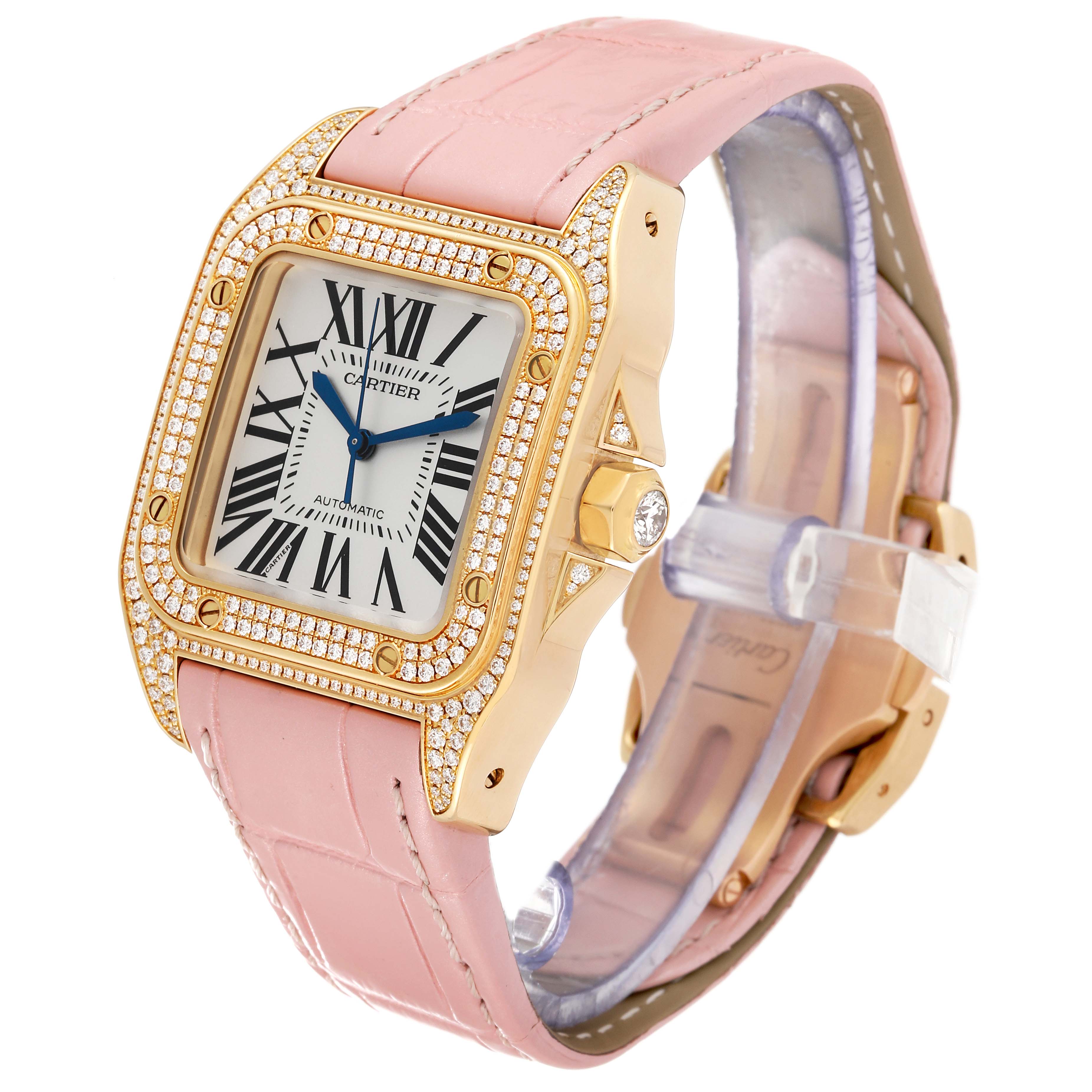The Santos 100 Midsize Yellow Gold Diamond Ladies Watch WM502051 by Cartier WM502051 Women's Yellow Gold Silver Dial WM502051 Women's Yellow Gold Silver Dial is shown at a front angle, highlighting the dial, case, and strap.