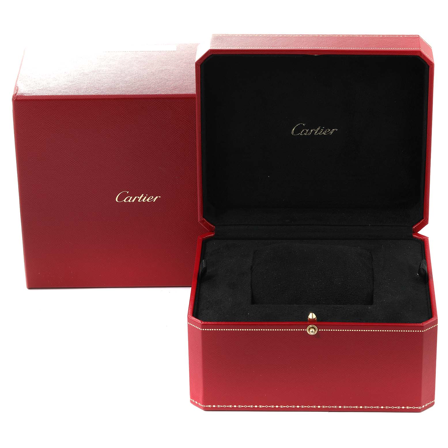 The image shows the packaging and open box for a Cartier WM502051 Women's Yellow Gold Silver Dial WM502051 Women's Yellow Gold Silver Dial Santos 100 Midsize Yellow Gold Diamond Ladies Watch WM502051.