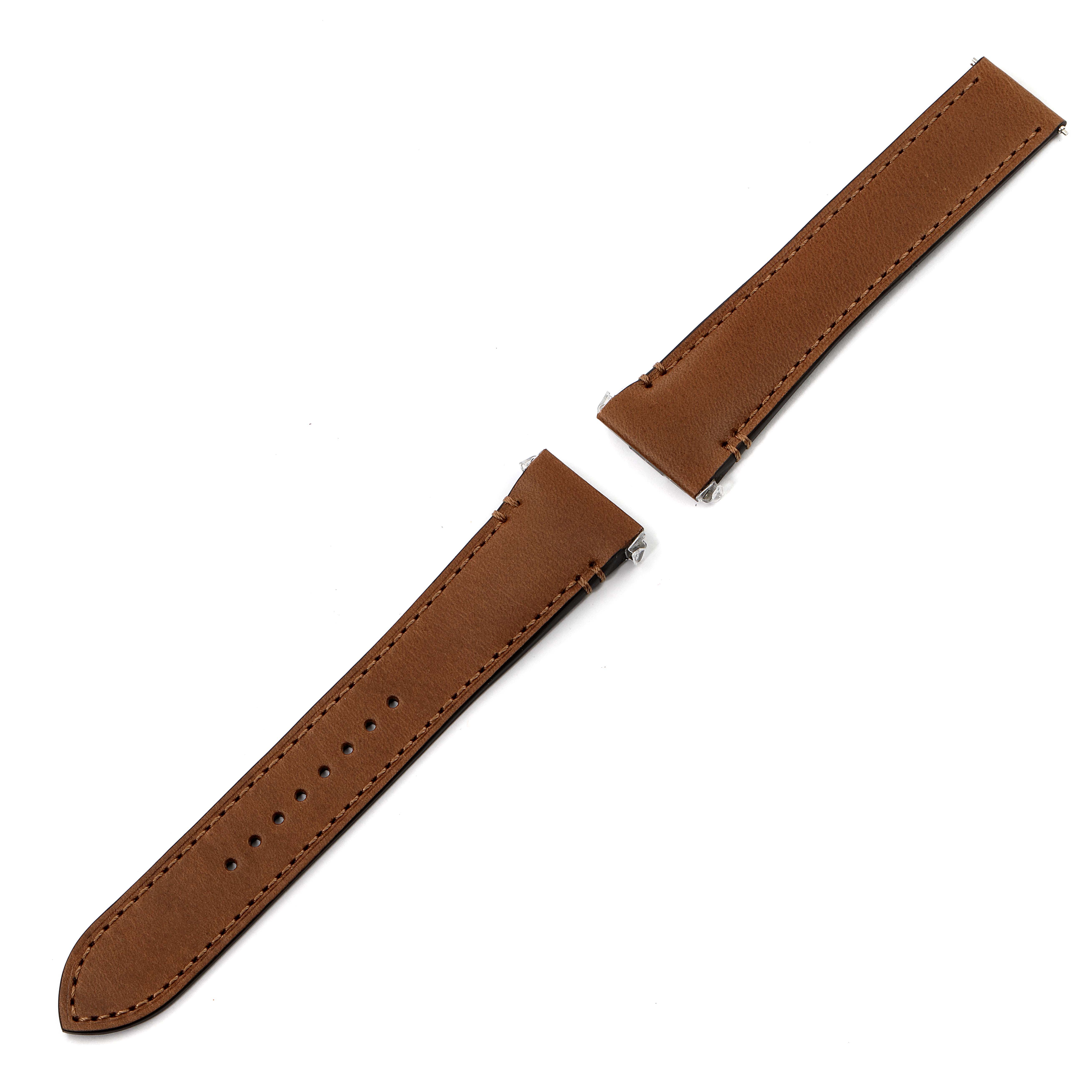 The image shows a brown leather watch strap for the Cartier Santos W2SA0009 Men's Steel and Gold (two tone) Silver Dial W2SA0009 Men's Steel and Gold (two tone) Silver Dial model, viewed from the top.