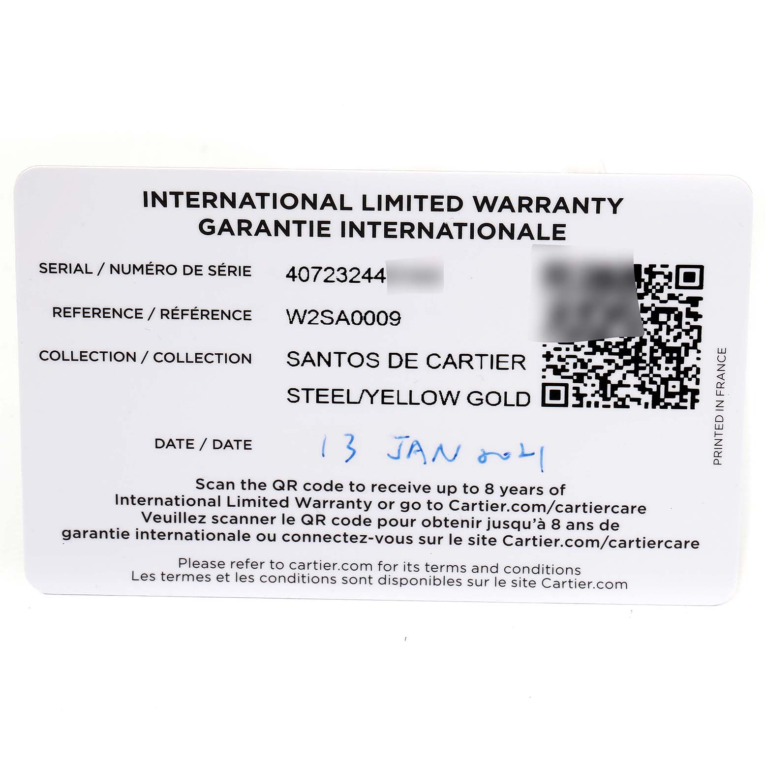 The image shows the International Limited Warranty card for a Santos de Cartier watch, displaying serial number, reference, and collection details.