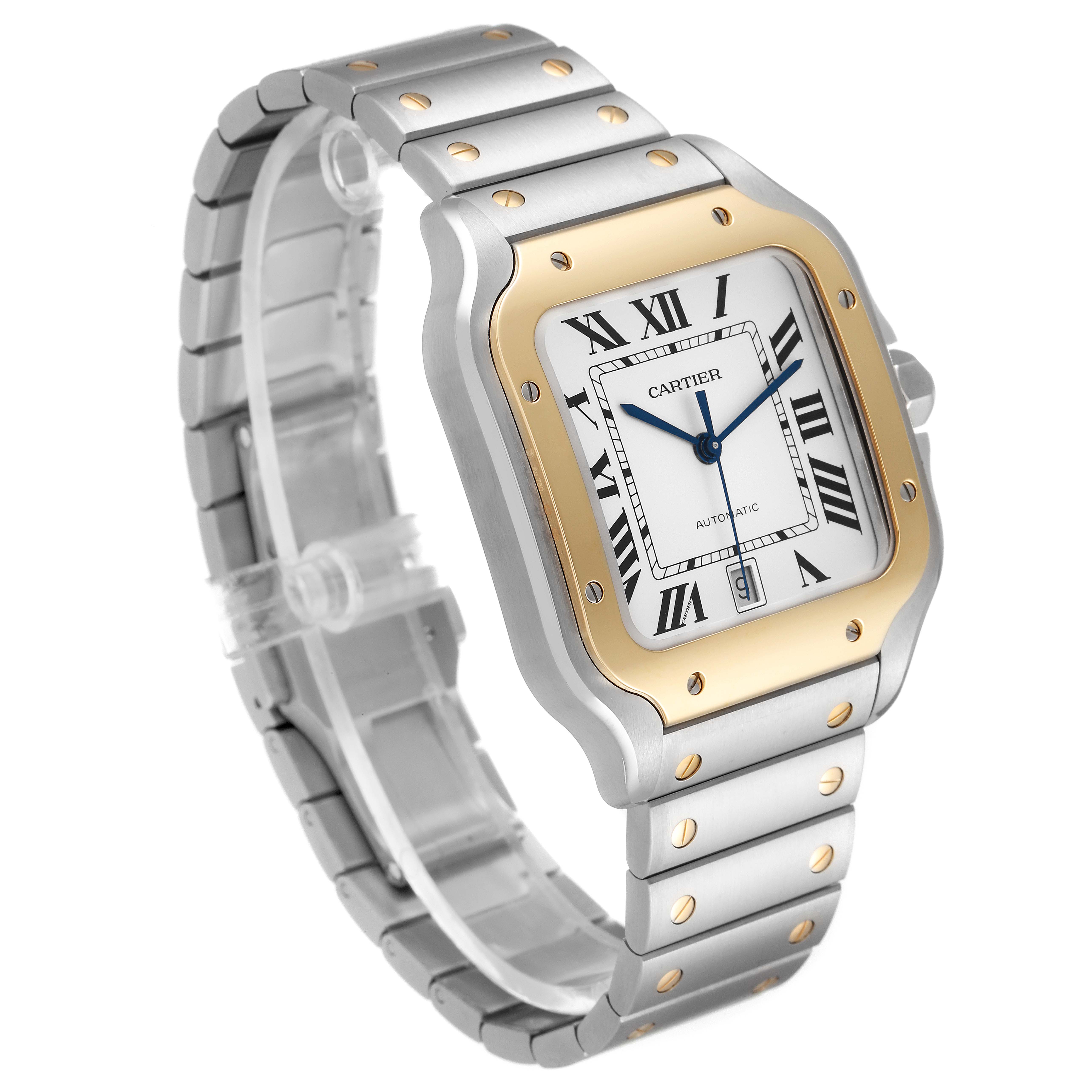 The image shows a Cartier Santos W2SA0009 Men's Steel and Gold (two tone) Silver Dial W2SA0009 Men's Steel and Gold (two tone) Silver Dial watch at a three-quarter angle, showcasing its dial, bezel, and bracelet.