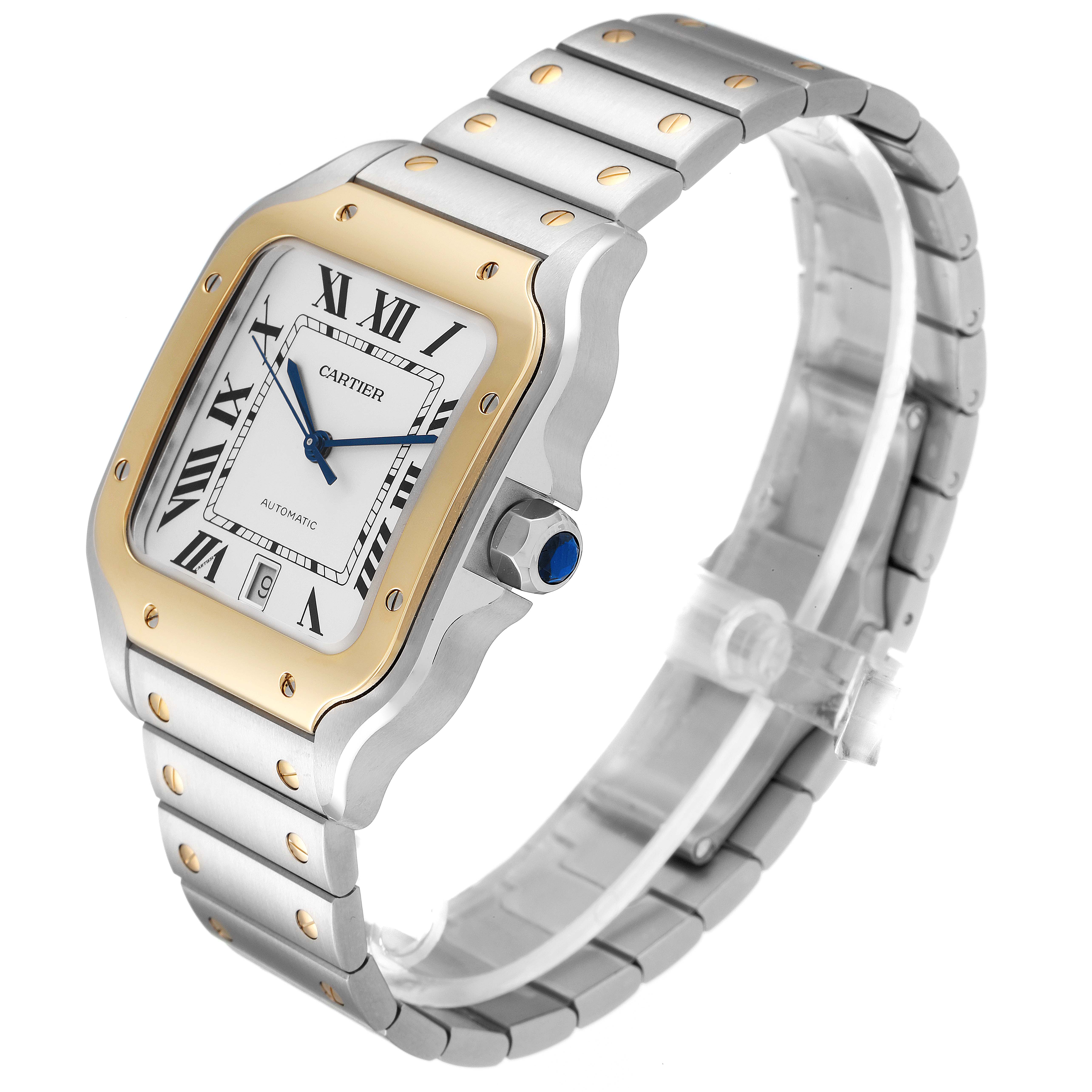 The image shows a Cartier Santos W2SA0009 Men's Steel and Gold (two tone) Silver Dial W2SA0009 Men's Steel and Gold (two tone) Silver Dial watch at an angle displaying its dial, bezel, crown, and metal bracelet.