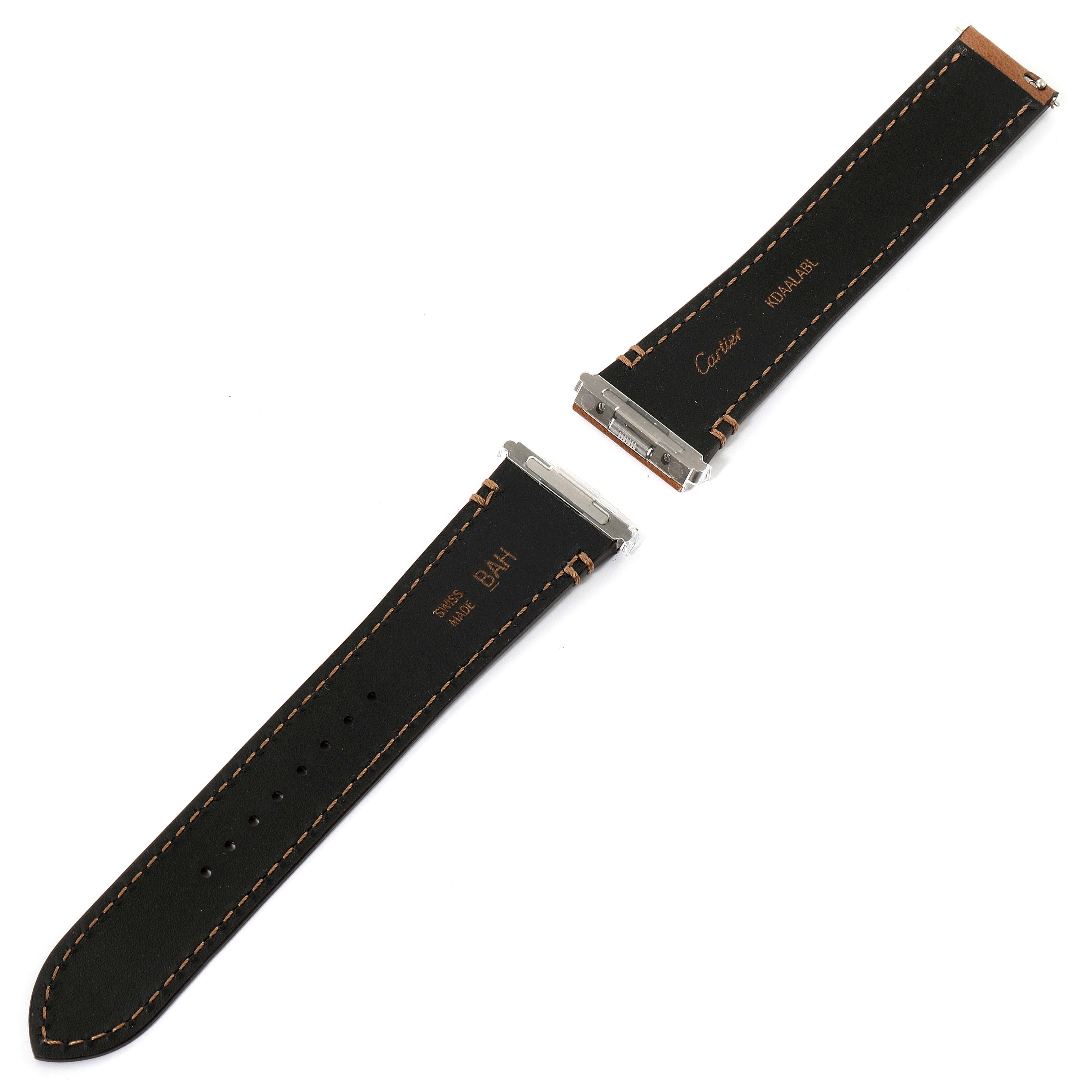 The image shows the black leather watch straps for the Santos model by Cartier, detached, and displayed flat.