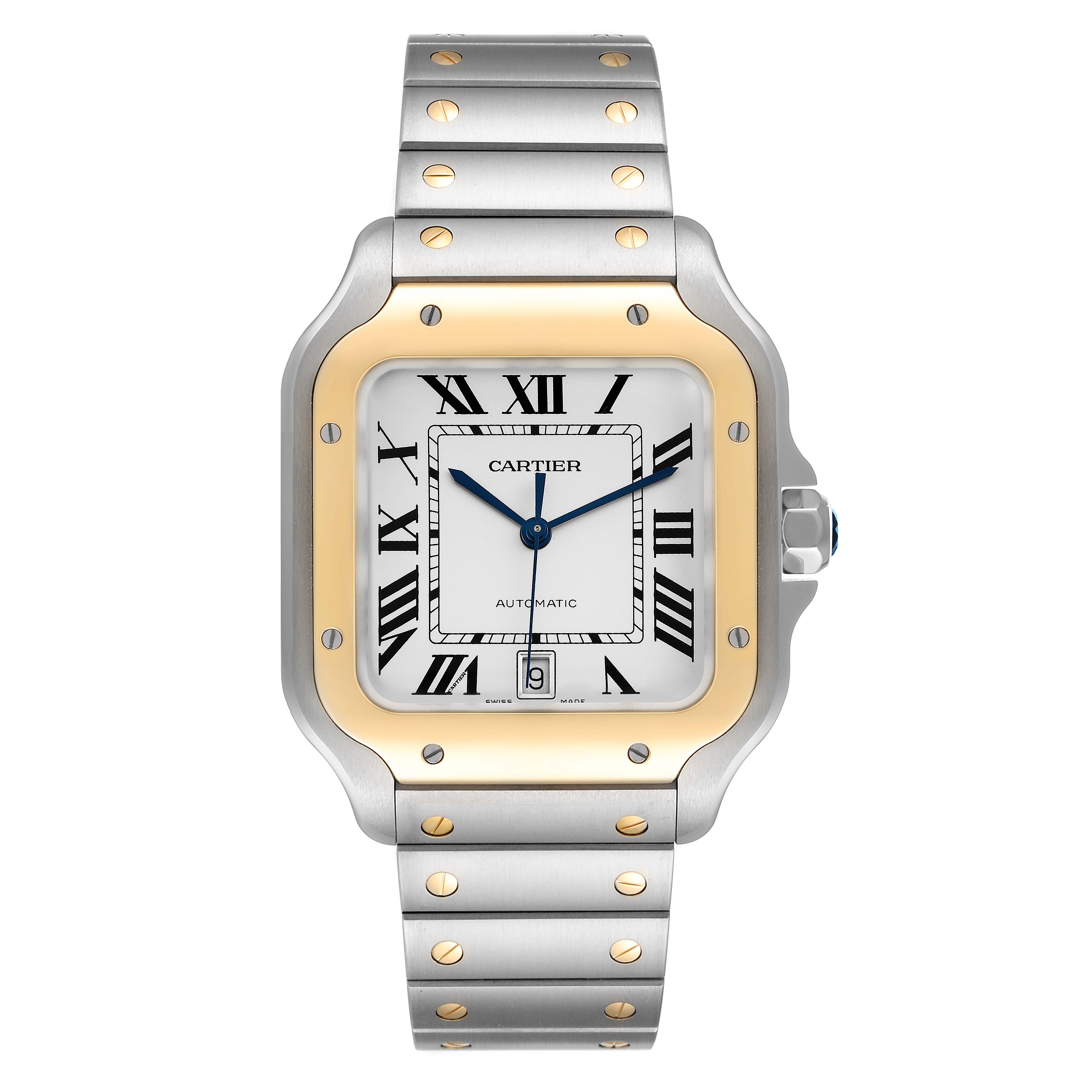 The image shows a front view of the Cartier Santos W2SA0009 Men's Steel and Gold (two tone) Silver Dial W2SA0009 Men's Steel and Gold (two tone) Silver Dial watch, highlighting its face, hands, bezel, and metal bracelet.