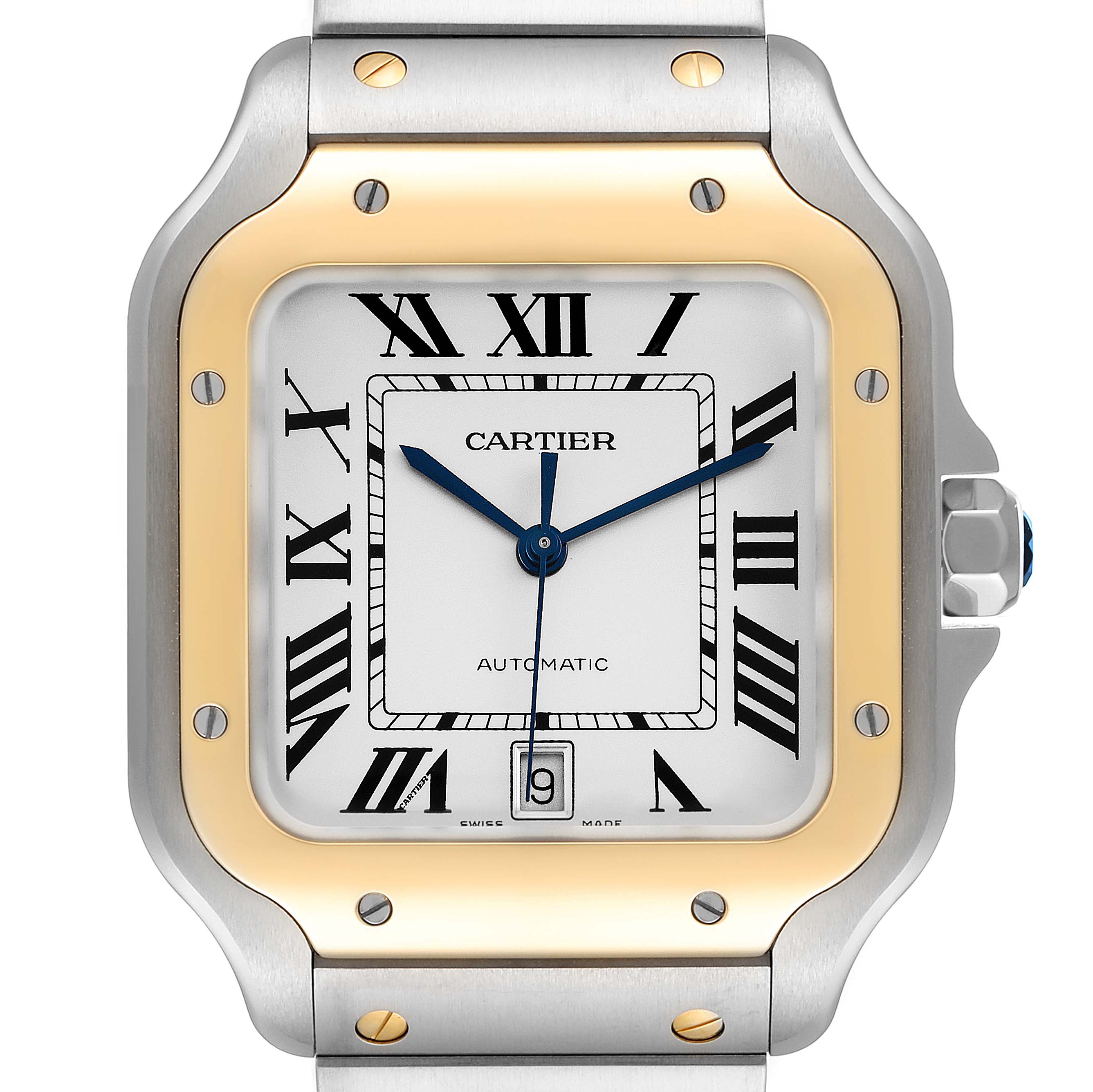 This Cartier Santos W2SA0009 Men's Steel and Gold (two tone) Silver Dial W2SA0009 Men's Steel and Gold (two tone) Silver Dial watch is shown from a front angle, highlighting its square face, Roman numerals, and metal bracelet.