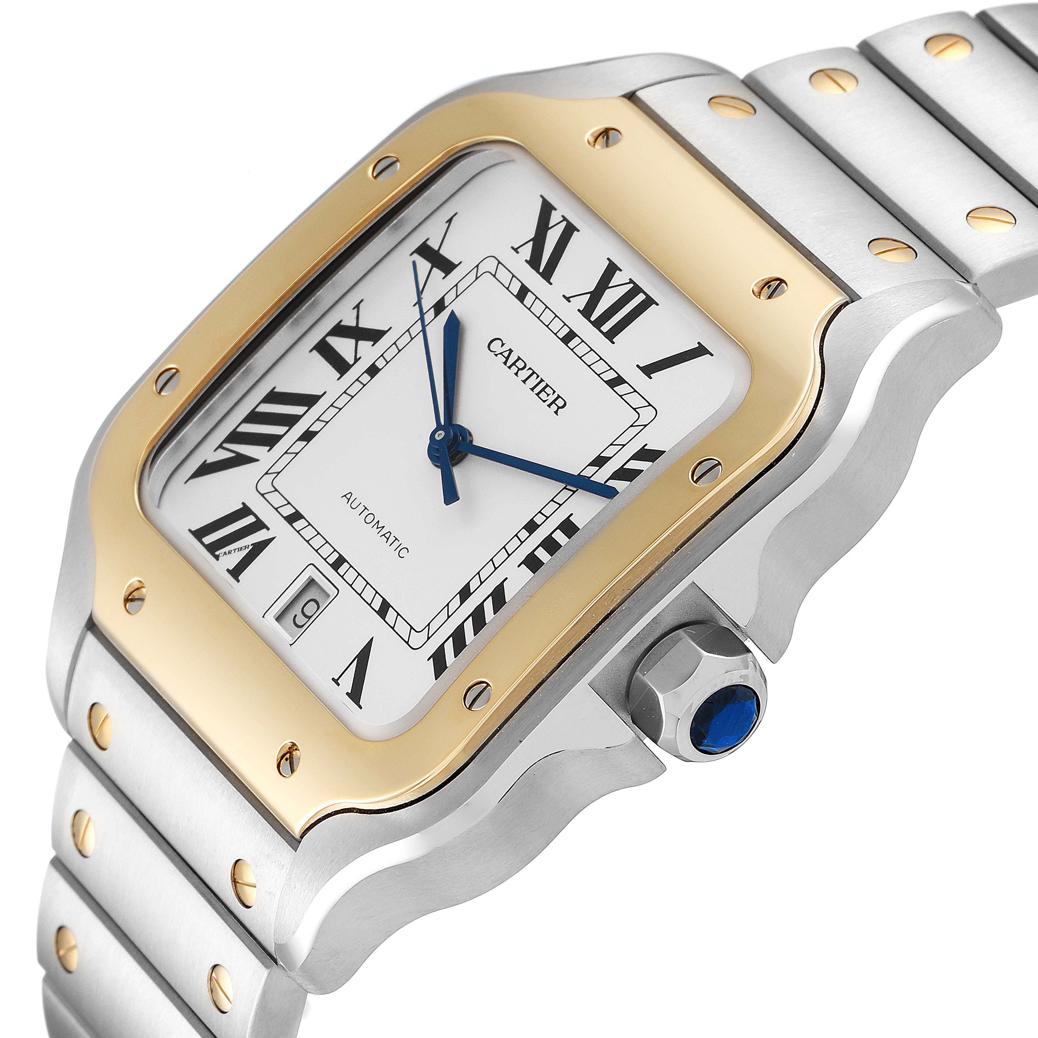 The image shows a close-up of the face, bezel, and crown of a Santos model by Cartier.