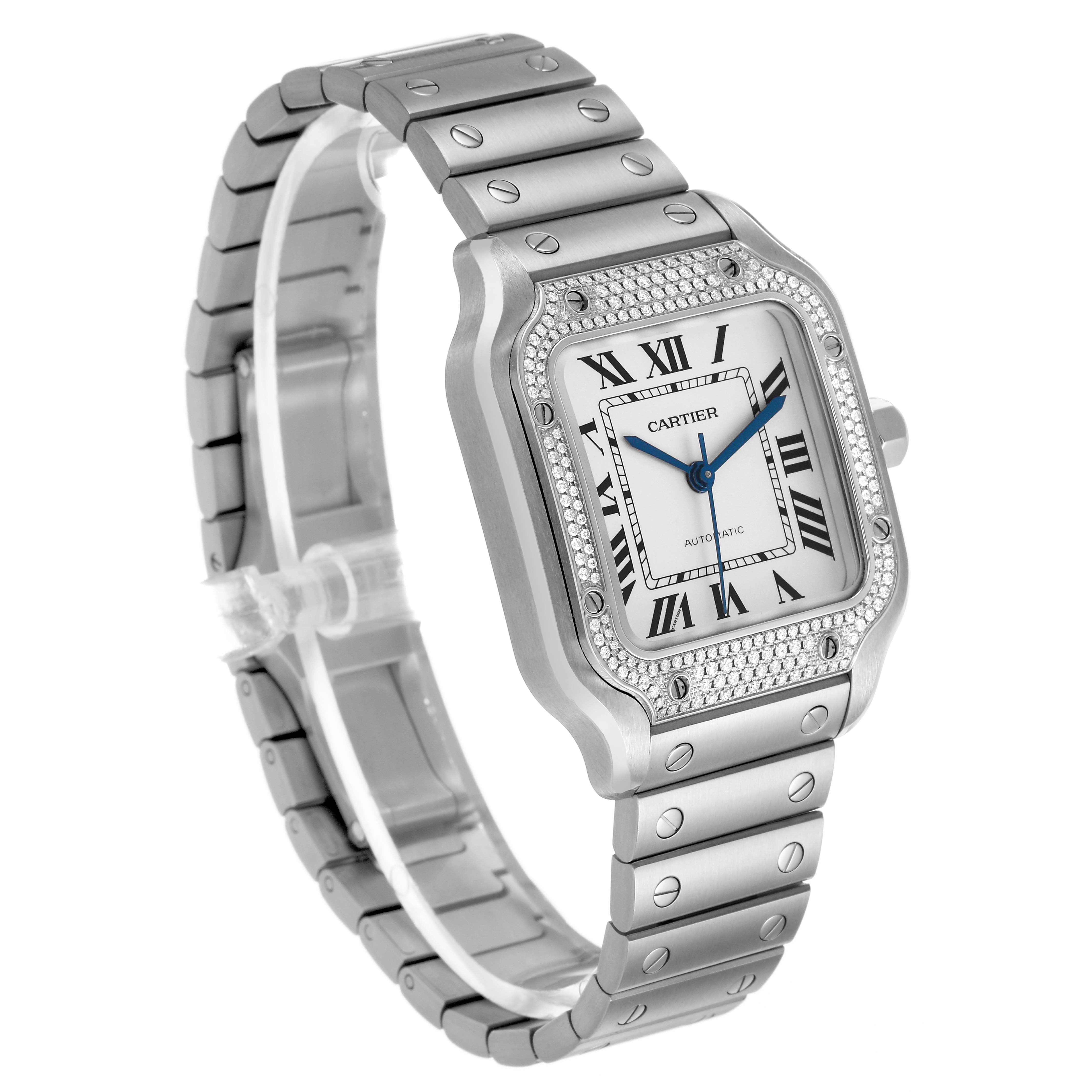 The Cartier Santos W4SA0005 Men's Stainless Steel Silver Dial watch is shown at a three-quarter angle, highlighting the face, bezel, and bracelet.