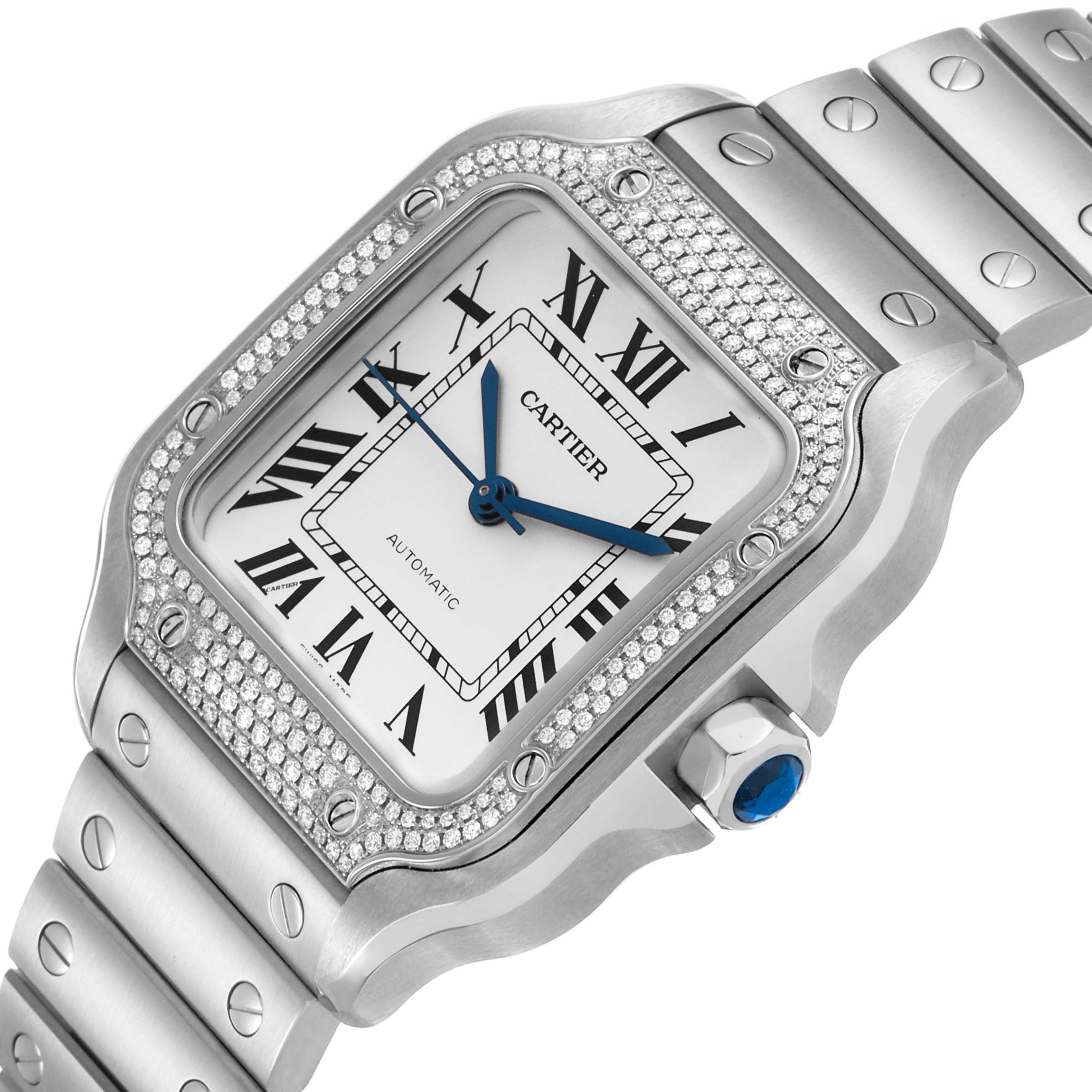 The Cartier Santos W4SA0005 Men's Stainless Steel Silver Dial watch is shown at a slight angle highlighting the square face, diamond bezel, and metal bracelet with screw details.