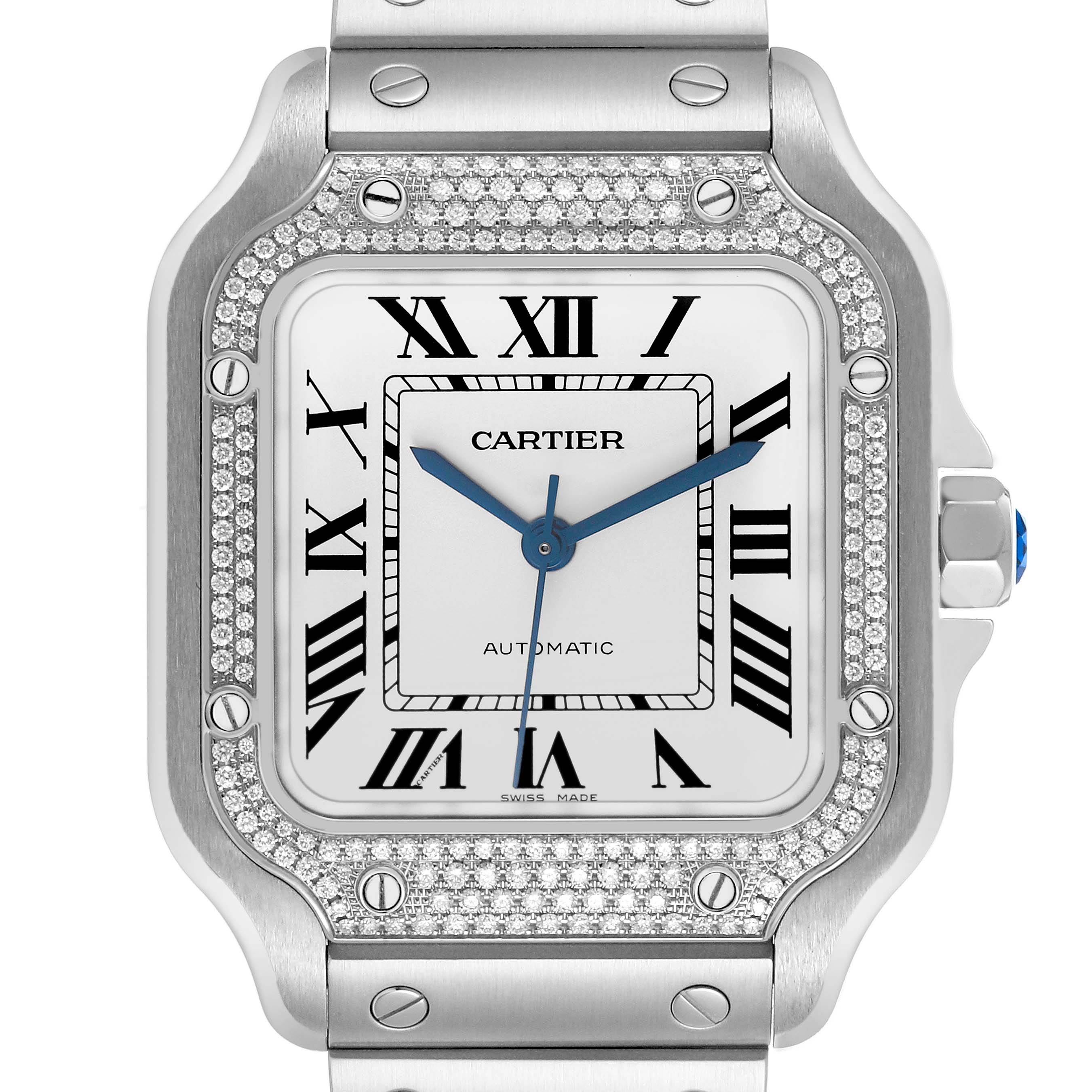 The Cartier Santos W4SA0005 Men's Stainless Steel Silver Dial watch is shown from the front, highlighting the dial, Roman numerals, and diamond-set bezel.