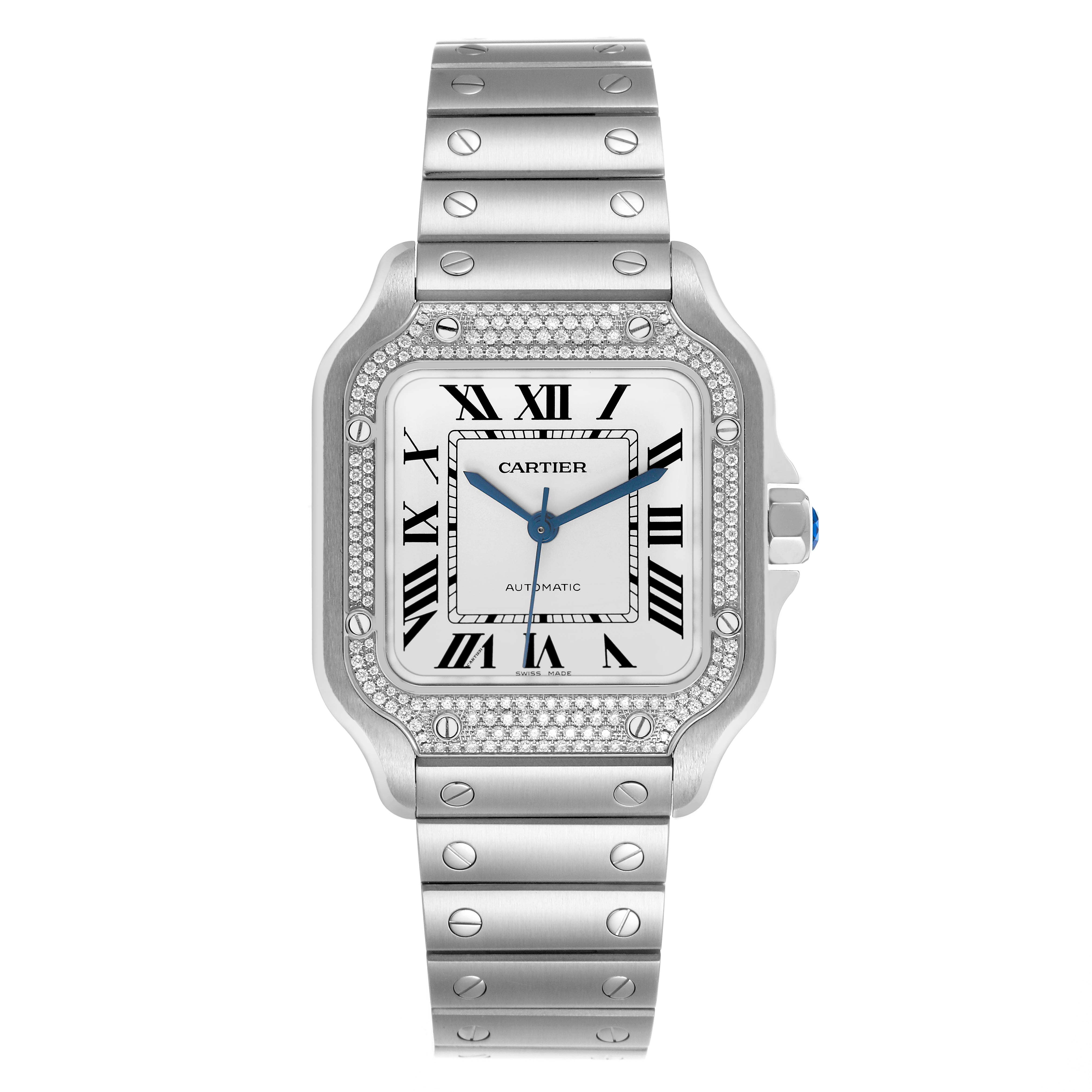The Cartier Santos W4SA0005 Men's Stainless Steel Silver Dial watch is shown from the front, highlighting the face, bezel, and bracelet with decorative screws.