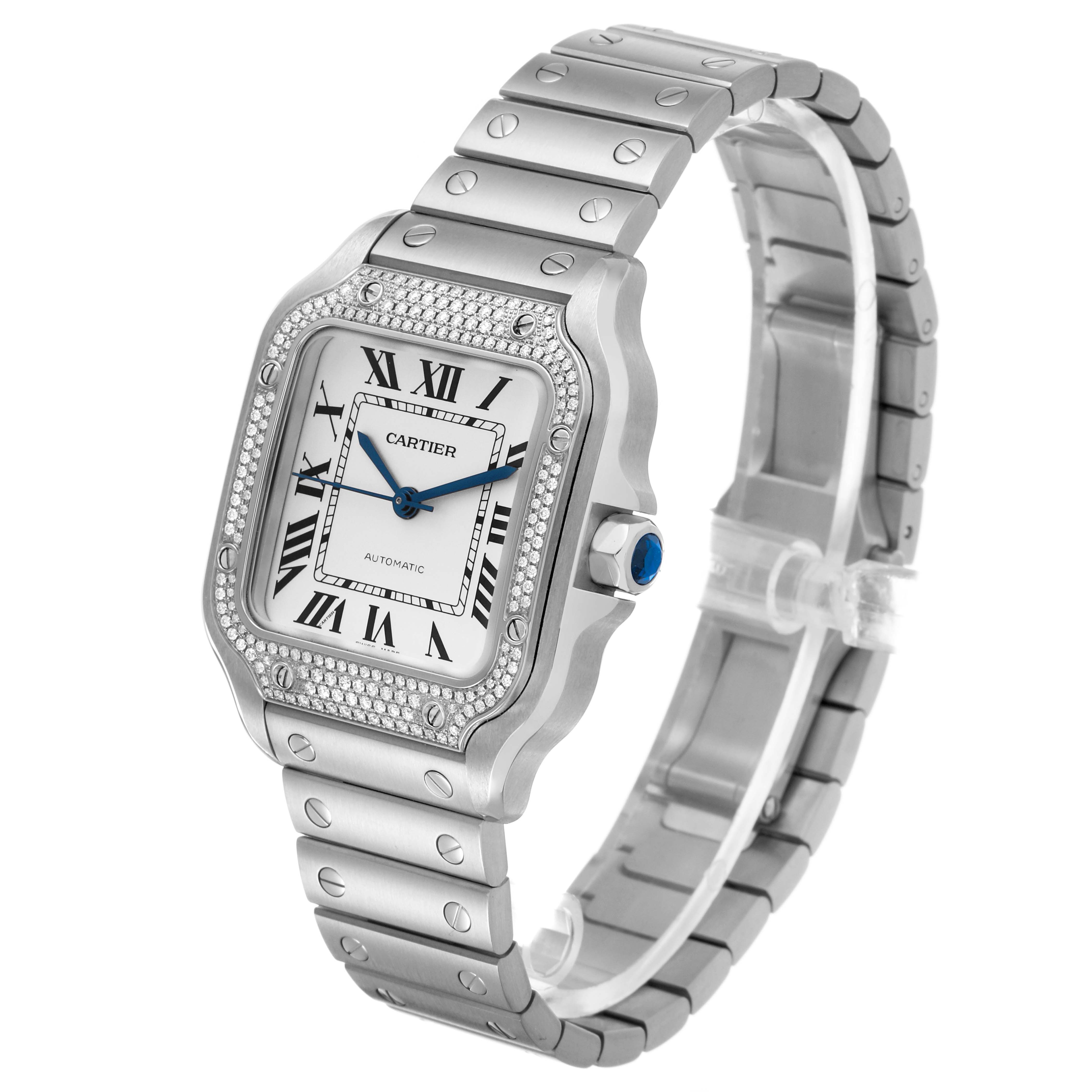 The Cartier Santos W4SA0005 Men's Stainless Steel Silver Dial watch is shown at a three-quarter angle, highlighting the face, bezel, and bracelet.