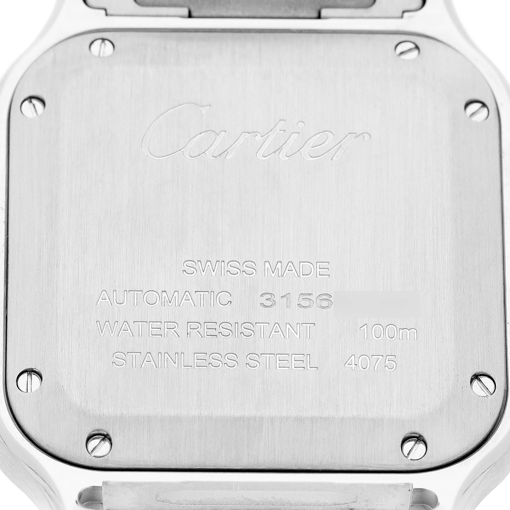 The image shows the case back of a Santos model by Cartier, highlighting its engravings and screws.