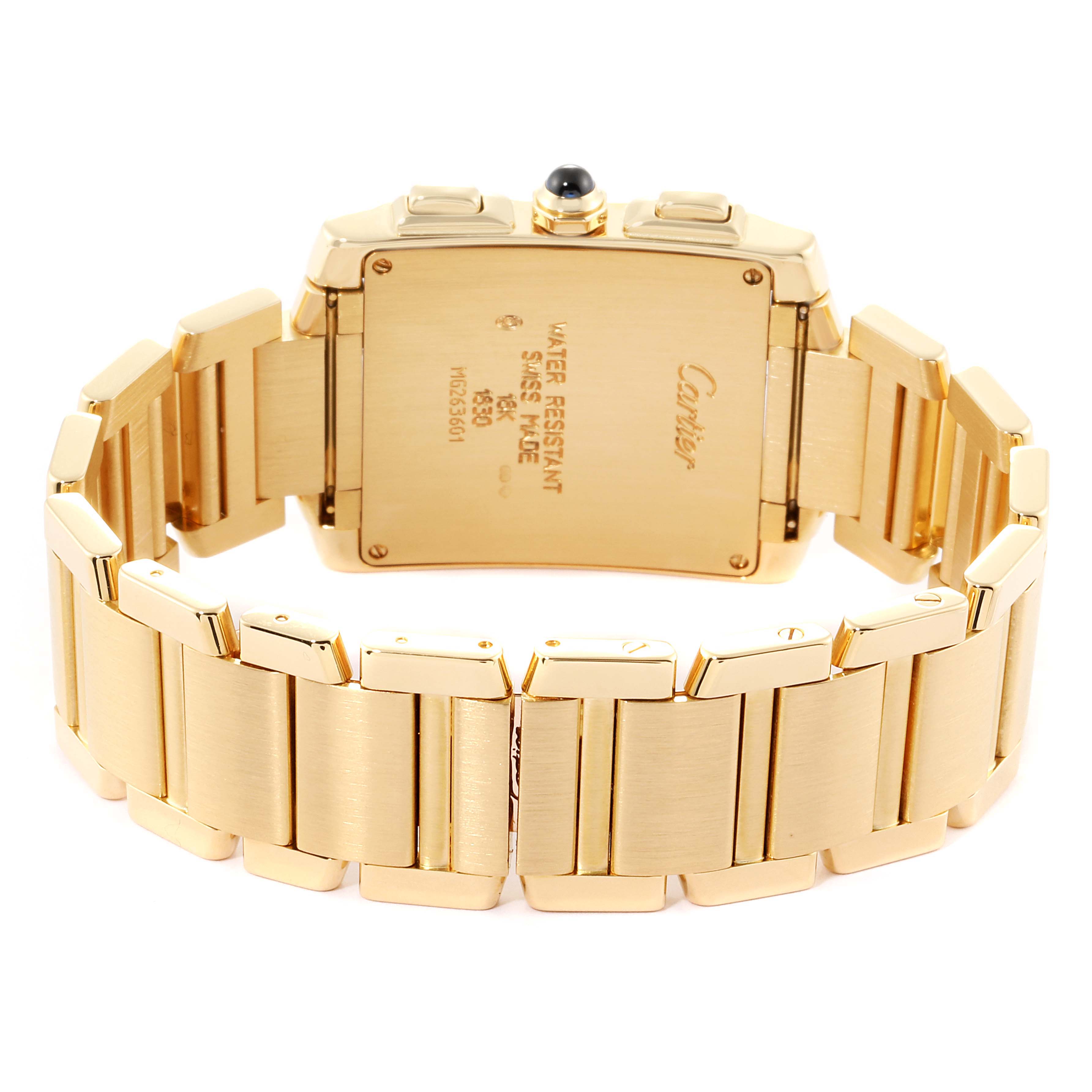 The image shows the back view and bracelet of the Cartier Tank Francaise W50005R2 Men's Yellow Gold Silver Dial W50005R2 Men's Yellow Gold Silver Dial watch.
