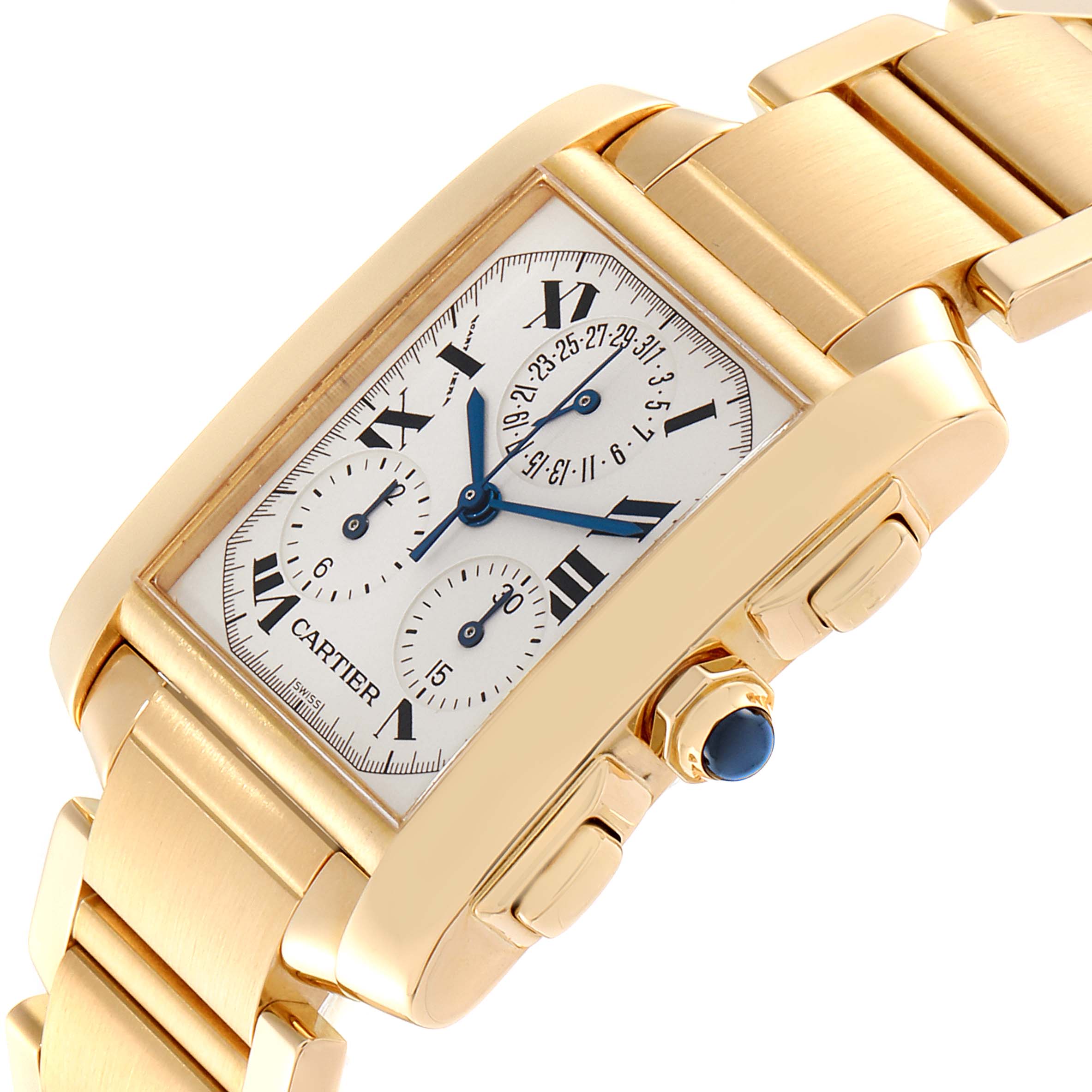 The image shows a close-up side angle of the Cartier Tank Francaise W50005R2 Men's Yellow Gold Silver Dial W50005R2 Men's Yellow Gold Silver Dial watch, highlighting its gold case, dial, and bracelet.